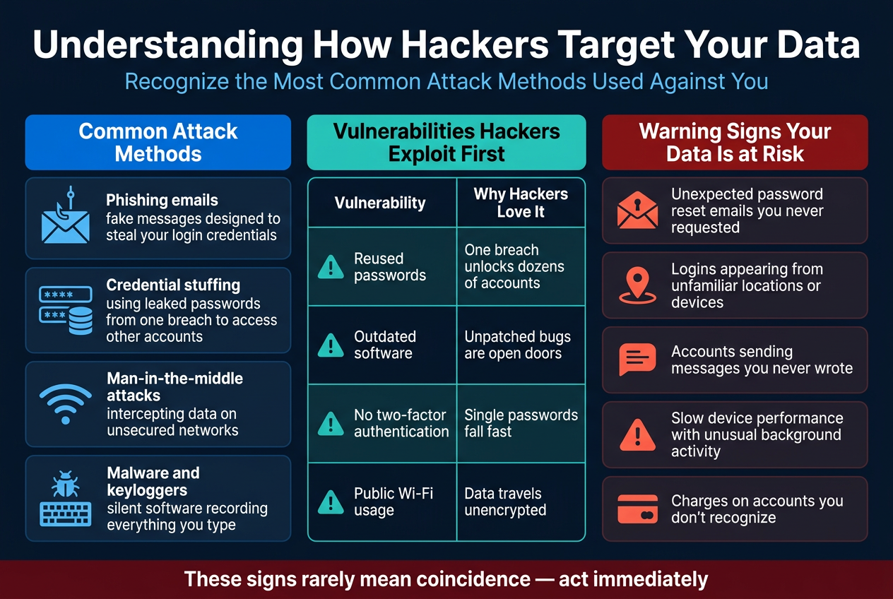 Diagram of common hacking methods including phishing, credential stuffing, and malware