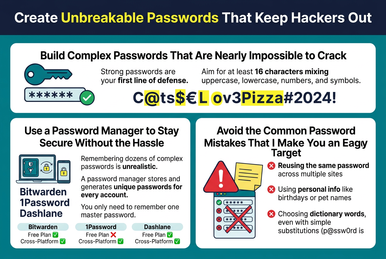 Illustration of a password manager storing and generating unique passwords