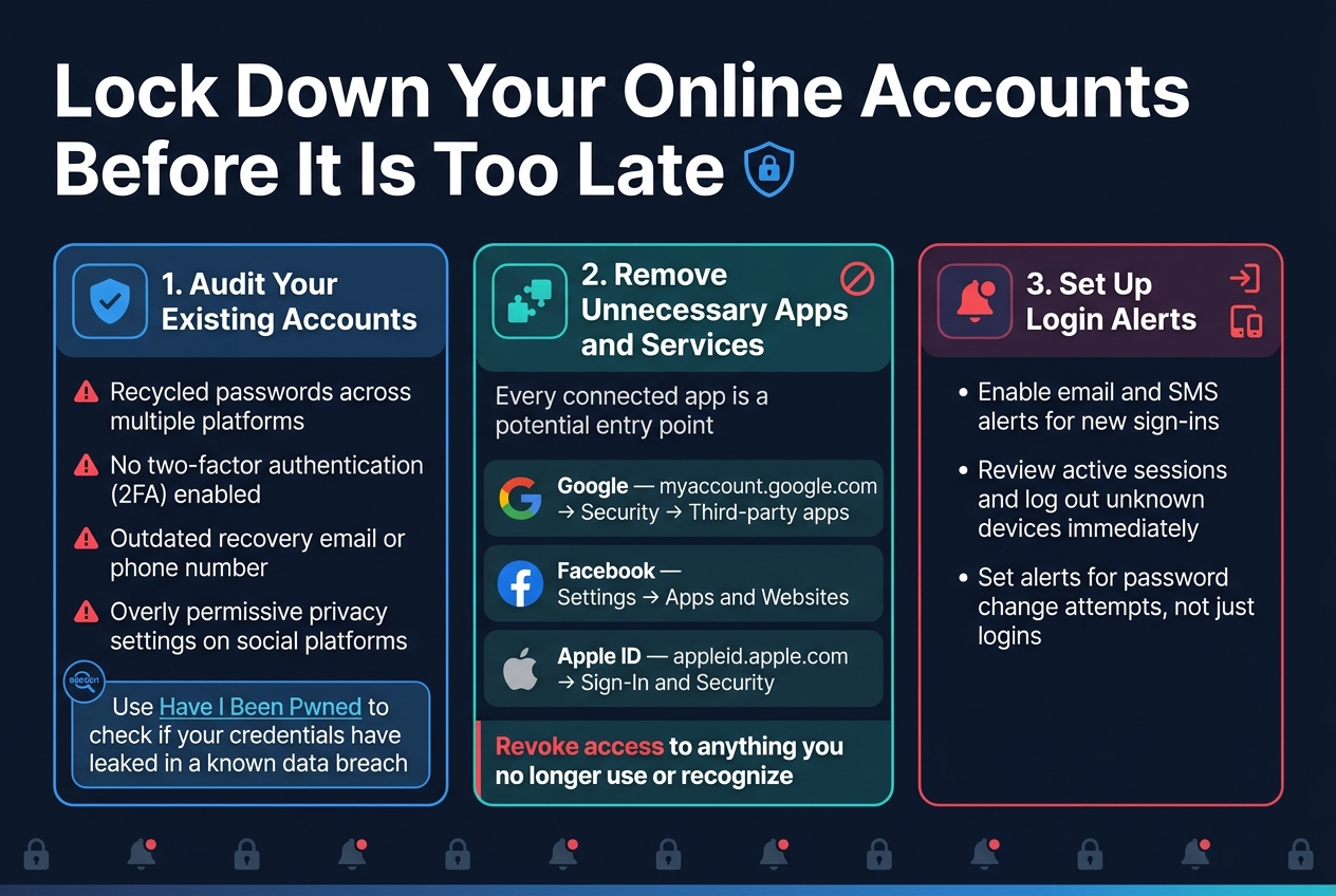 Illustration of securing an email account with login alerts and recovery settings