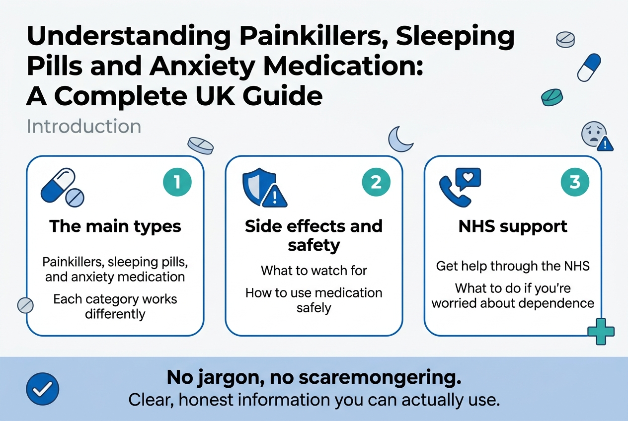 Create a clean, professional full-bleed infographic in a 3:2 landscape aspect ratio with a modern NHS-style color palette of deep blue, teal, white, and soft grey accents. Use crisp sans-serif typography with a bold, clear title at the top left and a subtle subtitle beneath it. Layout should be wide and horizontal with three main content blocks across the center and a bottom support banner, avoiding a narrow vertical stack.Top header:
Large bold heading in dark blue:
"Understanding Painkillers, Sleeping Pills and Anxiety Medication: A Complete UK Guide"
Small subtitle underneath in grey:
"Introduction"Center section: three equal horizontal blocks with icons and numbered labels, each in a rounded white card with thin blue outlines.Left card:
Blue pill and tablet icon
Number label in a teal circle: "1"
Heading: "The main types"
Body text:
"Painkillers, sleeping pills, and anxiety medication"
"Each category works differently"Middle card:
Blue shield and warning symbol icon
Number label in a teal circle: "2"
Heading: "Side effects and safety"
Body text:
"What to watch for"
"How to use medication safely"Right card:
Blue NHS-style support icon with a phone and heart
Number label in a teal circle: "3"
Heading: "NHS support"
Body text:
"Get help through the NHS"
"What to do if you're worried about dependence"Bottom banner spanning the width with a soft blue background and a checkmark icon on the left:
Bold line:
"No jargon, no scaremongering."
Secondary line:
"Clear, honest information you can actually use."Include small visual accents such as tablets, a crescent moon for sleeping pills, a worried face or alert symbol for anxiety medication, and a medical cross for NHS support. Keep spacing generous, text highly legible, and the overall style flat, minimal, and informative.
