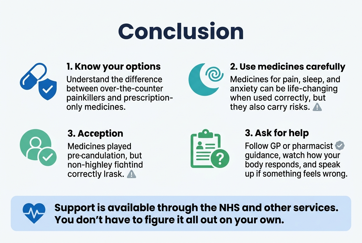 Create a clean professional infographic illustration in a 3:2 aspect ratio with a full-bleed horizontal layout, modern flat design, soft white background with NHS-inspired blue, teal, and green accents, bold sans-serif typography, and clear visual hierarchy.Top center: large bold heading in dark navy text, exact wording: "Conclusion"Below the heading, arrange three wide horizontal sections across the canvas in a balanced multi-column layout, each with a colored icon on the left and short text on the right.Left section: blue pill and shield icon.
Title text: "1. Know your options"
Body text: "Understand the difference between over-the-counter painkillers and prescription-only medicines."Middle section: teal moon and anxiety swirl icon.
Title text: "2. Use medicines carefully"
Body text: "Medicines for pain, sleep, and anxiety can be life-changing when used correctly, but they also carry risks."Right section: green clipboard and question mark icon.
Title text: "3. Ask for help"
Body text: "Follow GP or pharmacist guidance, watch how your body responds, and speak up if something feels wrong."Along the bottom, add a wide highlighted support banner with a soft blue background and an NHS-style support icon, using bold text and a reassuring tone.Bottom banner text, exact wording:
"Support is available through the NHS and other services. You don't have to figure it all out on your own."Include small subtle icons near key phrases: checkmark for guidance, warning triangle for risks, heart or lifeline symbol for support. Use plenty of whitespace, crisp alignment, and a polished healthcare infographic style.