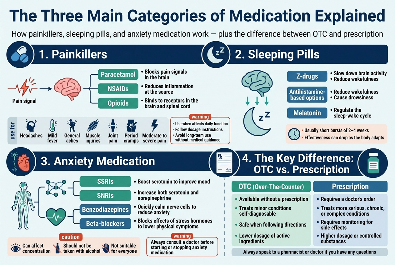 Create a clean, modern medical infographic in a full-bleed horizontal 3:2 layout with a white background, deep blue headings, teal and green accent panels, and small red/orange warning highlights. Use a bold sans-serif font, strong visual hierarchy, and wide multi-column sections instead of a vertical poster layout.Top across the full width: large bold title text, centered, in dark blue:
"The Three Main Categories of Medication Explained"Below the title, add a thin subtitle line in smaller gray text:
"How painkillers, sleeping pills, and anxiety medication work — plus the difference between OTC and prescription"Main body in four wide horizontal sections with clear icons and numbered labels:Section 1 on the left half, with a blue pill and pain signal icon, titled:
"1. Painkillers"
Include a simple flow diagram showing a pain signal traveling toward the brain, interrupted by three labeled blocks:
"Paracetamol"
"NSAIDs"
"Opioids"
Add short bullet text beside each:
"Blocks pain signals in the brain"
"Reduces inflammation at the source"
"Binds to receptors in the brain and spinal cord"
Add a small “use for” row beneath with icons and text:
"Headaches"
"Mild fever"
"General aches"
"Muscle injuries"
"Joint pain"
"Period cramps"
"Moderate to severe pain"
Add a small warning note in a red box:
"Use when pain affects daily function"
"Follow dosage instructions"
"Avoid long-term use without medical guidance"Section 2 on the right half, with a moon and sleep icon, titled:
"2. Sleeping Pills"
Show a calming brain-to-moon graphic with downward arrows and three labeled pills:
"Z-drugs"
"Antihistamine-based options"
"Melatonin"
Add brief text:
"Slow down brain activity"
"Reduce wakefulness"
"Cause drowsiness"
"Regulate the sleep-wake cycle"
Add a small clock icon and a highlighted note:
"Usually short bursts of 2–4 weeks"
"Effectiveness can drop as the body adapts"Section 3 across the lower left, with a nervous system and heart icon, titled:
"3.