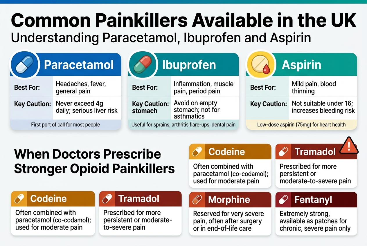 Create a clean, professional infographic illustration in a 3:2 aspect ratio, full-bleed layout with no poster frame, using a wide horizontal composition and clear section blocks. Use a modern NHS-style color palette of blue, teal, white, light grey, and red/orange warning accents. Use bold sans-serif typography with strong hierarchy.Top header across the full width:
Large bold title: "Common Painkillers Available in the UK"
Smaller subtitle directly underneath: "Understanding Paracetamol, Ibuprofen and Aspirin"Below the header, arrange three equal horizontal info cards across the upper-middle area, each with a colored icon and a short table-style layout.Card 1 on the left:
Blue pill icon
Heading: "Paracetamol"
Text:
"Best For: Headaches, fever, general pain"
"Key Caution: Never exceed 4g daily; serious liver risk"
Small footer line: "First port of call for most people"Card 2 in the center:
Green/red anti-inflammatory tablet icon
Heading: "Ibuprofen"
Text:
"Best For: Inflammation, muscle pain, period pain"
"Key Caution: Avoid on empty stomach; not for asthmatics"
Small footer line: "Useful for sprains, arthritis flare-ups, dental pain"Card 3 on the right:
Yellow aspirin tablet icon with a small blood drop symbol
Heading: "Aspirin"
Text:
"Best For: Mild pain, blood thinning"
"Key Caution: Not suitable under 16; increases bleeding risk"
Small footer line: "Low-dose aspirin (75mg) for heart health"In the lower-middle area, add a wide section with a bold heading and four opioid tiles arranged in a 2x2 grid. Use amber and dark red accents, with a warning triangle icon near the section title.Section heading:
"When Doctors Prescribe Stronger Opioid Painkillers"Four tiles with small capsule or medical icons:
Tile 1:
"Codeine"
"Often combined with paracetamol (co-codamol); used for moderate pain"Tile 2:
"Tramadol"
"Prescribed for more persistent or moderate-to-severe pain"Tile 3:
"Morphine"
"Reserved