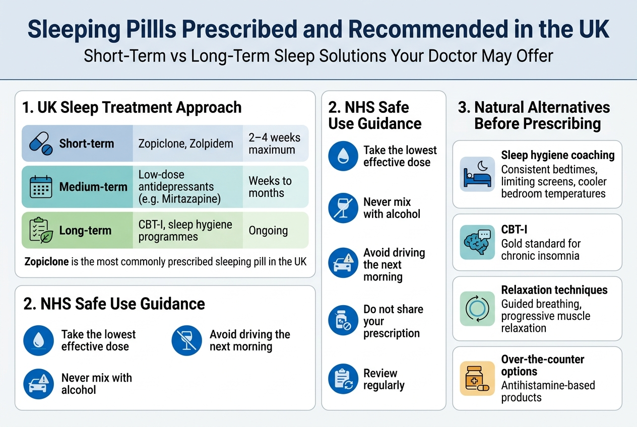 Create a clean, professional full-bleed infographic illustration in 3:2 aspect ratio with a wide horizontal layout, not a vertical poster. Use a white background with NHS-style blue, teal, soft green, and amber accents, crisp sans-serif fonts, bold dark navy heading, clear section dividers, and simple flat vector icons.Top banner across the full width:
Large bold title centered: "Sleeping Pills Prescribed and Recommended in the UK"
Smaller subtitle directly underneath: "Short-Term vs Long-Term Sleep Solutions Your Doctor May Offer"Main body in three wide horizontal sections with four-column or three-block layout, using cards with rounded corners and icons:Left large section: "1. UK Sleep Treatment Approach"
Include a horizontal comparison table-style block with three rows and icons:
- "Short-term" — pill icon — "Zopiclone, Zolpidem" — "2–4 weeks maximum"
- "Medium-term" — calendar icon — "Low-dose antidepressants (e.g. Mirtazapine)" — "Weeks to months"
- "Long-term" — checklist/leaf icon — "CBT-I, sleep hygiene programmes" — "Ongoing"
Add a small callout line beneath in bold: "Zopiclone is the most commonly prescribed sleeping pill in the UK"Center section: "2. NHS Safe Use Guidance"
Use five icon bullets in a neat grid with circular blue icons:
- "Take the lowest effective dose"
- "Never mix with alcohol"
- "Avoid driving the next morning"
- "Do not share your prescription"
- "Review regularly"
Add small matching icons: low dose droplet, alcohol glass with slash, car with warning triangle, shared pill bottle with slash, clipboard with refresh arrowRight large section: "3. Natural Alternatives Before Prescribing"
Use five compact stacked cards or tiles with icons:
- "Sleep hygiene coaching" — bed and moon icon — "Consistent bedtimes, limiting screens, cooler bedroom temperatures"
- "CBT-I" — brain and speech bubble icon — "Gold standard for chronic insomnia"
- "Relaxation techniques" — breathing circle icon — "Guided breathing, progressive muscle relaxation"
- "Over-the-counter options" — pharmacy box icon — "Antihistamine-based products