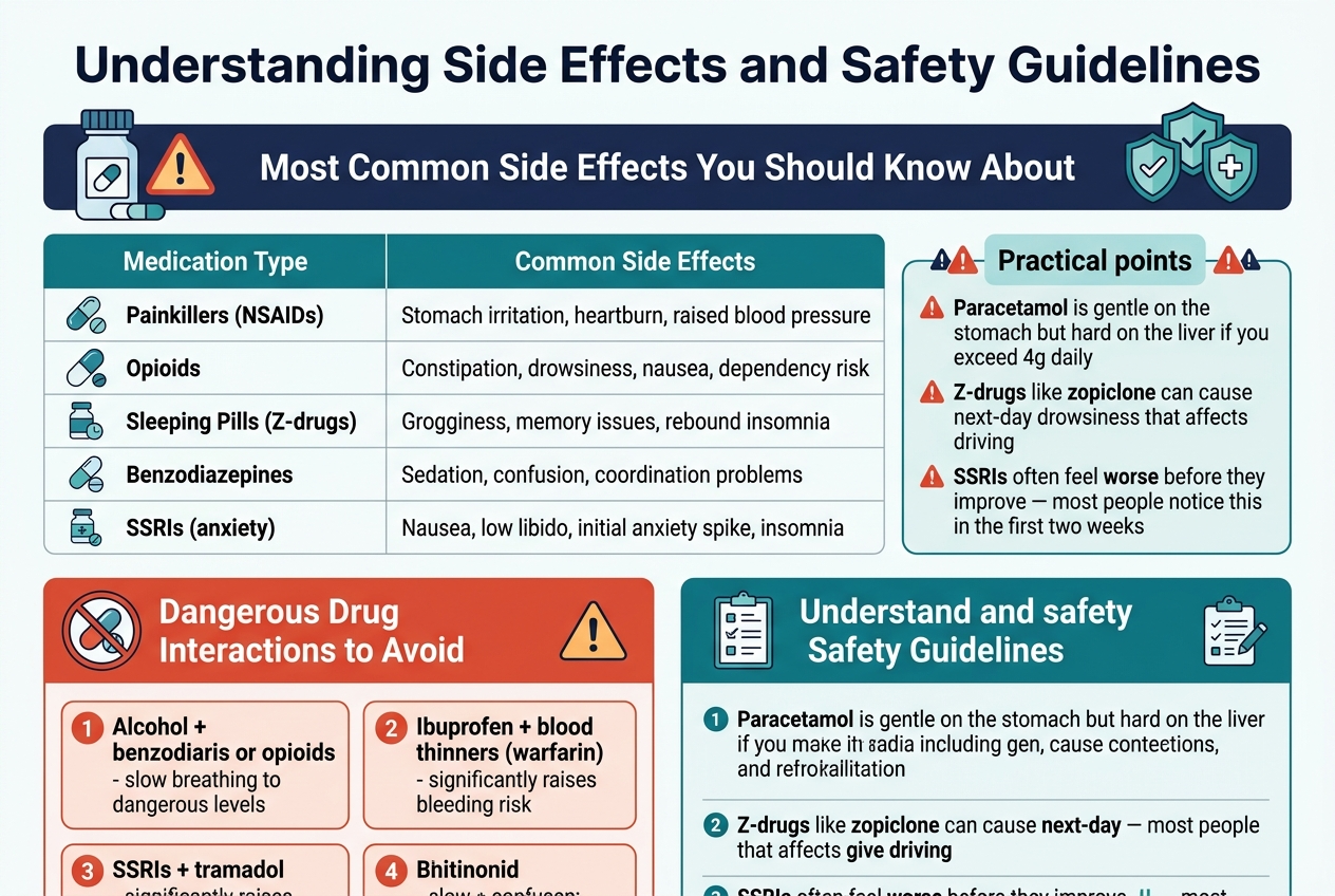 Create a clean professional medical infographic in a full-bleed 3:2 landscape layout with a white background, navy blue and teal accents, subtle red warning highlights, and modern sans-serif typography. Place a bold title across the top center in large dark navy text: "Understanding Side Effects and Safety Guidelines". Use a wide horizontal layout with three main sections arranged in columns and rows, with clear icons and colored blocks.Top section: under the title, place a wide banner with a pill bottle, warning triangle, and shield icons. Add the subtitle in medium bold text: "Most Common Side Effects You Should Know About".Left-middle section: a clean 5-row table with two columns labeled "Medication Type" and "Common Side Effects". Use small medicine icons beside each medication type.
Rows:
- "Painkillers (NSAIDs)" — "Stomach irritation, heartburn, raised blood pressure"
- "Opioids" — "Constipation, drowsiness, nausea, dependency risk"
- "Sleeping Pills (Z-drugs)" — "Grogginess, memory issues, rebound insomnia"
- "Benzodiazepines" — "Sedation, confusion, coordination problems"
- "SSRIs (anxiety)" — "Nausea, low libido, initial anxiety spike, insomnia"Right-middle section: a highlighted callout box titled "Practical points" with three bullet points and small alert icons:
- "Paracetamol is gentle on the stomach but hard on the liver if you exceed 4g daily"
- "Z-drugs like zopiclone can cause next-day drowsiness that affects driving"
- "SSRIs often feel worse before they improve — most people notice this in the first two weeks"Lower-left section: a bold red/orange warning panel titled "Dangerous Drug Interactions to Avoid" with a crossed-out capsule icon and hazard symbol. Show five numbered warning cards in two columns with clear icons:
1. "Alcohol + benzodiazepines or opioids" — "slow breathing to dangerous levels"
2. "Ibuprofen + blood thinners (warfarin)" — "significantly raises bleeding risk"
3. "SSRIs + tramadol" — "