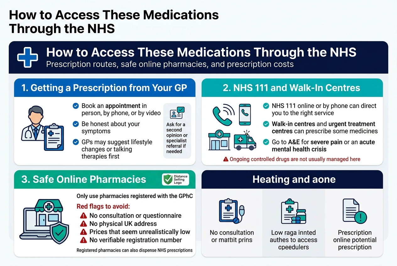 Create a clean professional infographic in a full-bleed landscape layout, aspect ratio 3:2, with a white background, NHS-style blue accents, teal highlights, dark navy headings, and small red warning accents. Use a bold sans-serif title at the top left: "How to Access These Medications Through the NHS". Organize the infographic into four wide horizontal sections across the page with clear icon cards, simple line icons, and strong visual hierarchy. Use a modern healthcare infographic style with plenty of whitespace, rounded boxes, and subtle dividers.Top section across the full width: a large heading bar with a blue medical cross icon and the title. Under it, a short subtitle in smaller text: "Prescription routes, safe online pharmacies, and prescription costs".Section 1 on the left upper-middle: a blue card titled "1. Getting a Prescription from Your GP" with an icon of a GP doctor and clipboard. Include 3 short bullet points with small check icons:
"Book an appointment in person, by phone, or by video"
"Be honest about your symptoms"
"GPs may suggest lifestyle changes or talking therapies first"
Add a small side note box with a referral icon and the text: "Ask for a second opinion or specialist referral if needed"Section 2 on the right upper-middle: a teal card titled "2. NHS 111 and Walk-In Centres" with icons of a phone, walk-in clinic, and emergency ambulance. Include 3 short bullets:
"NHS 111 online or by phone can direct you to the right service"
"Walk-in centres and urgent treatment centres can prescribe some medicines"
"Go to A&E for severe pain or an acute mental health crisis"
Add a small caution line in red: "Ongoing controlled drugs are not usually managed here"Section 3 across the lower-left: a green card titled "3. Safe Online Pharmacies" with an icon of a laptop, pharmacy building, and shield. Include a bold line: "Only use pharmacies registered with the GPhC". Show a small Distance Selling Logo badge. Add a red warning subheading: "Red flags to avoid:" followed by four bullet points with red warning icons:
"No consultation or questionnaire"
"No physical UK address"
"Prices that seem unrealistically low"
"No verifiable registration number"
Add a small line: "Registered pharmacies can also dispense NHS prescriptions