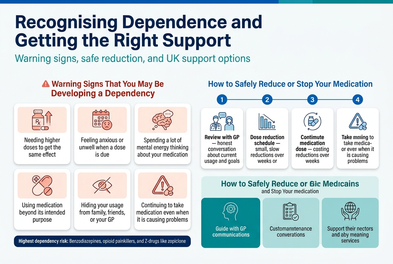 Create a clean professional medical infographic in a full-bleed wide layout, aspect ratio 3:2, with a modern NHS-style color palette of deep blue, teal, white, and soft red/orange warning accents. Use a bold sans-serif headline at the top spanning the full width.Top header area:
Large bold title in dark blue: "Recognising Dependence and Getting the Right Support"
Subheading beneath in smaller teal text: "Warning signs, safe reduction, and UK support options"Main content arranged in three wide horizontal sections with clear icons and cards, not a narrow vertical poster.Section 1 on the left-to-center, titled in bold red: "Warning Signs That You May Be Developing a Dependency"
Use a 6-item grid of rounded cards with small line icons:
1. A pill bottle with an upward arrow. Text: "Needing higher doses to get the same effect"
2. A calendar or clock with a worried face. Text: "Feeling anxious or unwell when a dose is due"
3. A brain with thought bubbles. Text: "Spending a lot of mental energy thinking about your medication"
4. A pill used for multiple purposes icon. Text: "Using medication beyond its intended purpose"
5. A hidden eye or crossed-out person icon. Text: "Hiding your usage from family, friends, or your GP"
6. A warning triangle beside pills. Text: "Continuing to take medication even when it is causing problems"
Add a small highlighted note bar below in dark blue with white text: "Highest dependency risk: Benzodiazepines, opioid painkillers, and Z-drugs like zopiclone"Section 2 in the center-right, titled in bold blue: "How to Safely Reduce or Stop Your Medication"
Show a horizontal 4-step process with numbered circles connected by a thin line, each step in a separate card:
1. Icon of a GP conversation. Text: "Review with GP — honest conversation about current usage and goals"
2. Icon of a descending dose chart. Text: "Dose reduction schedule — small, slow reductions over weeks or