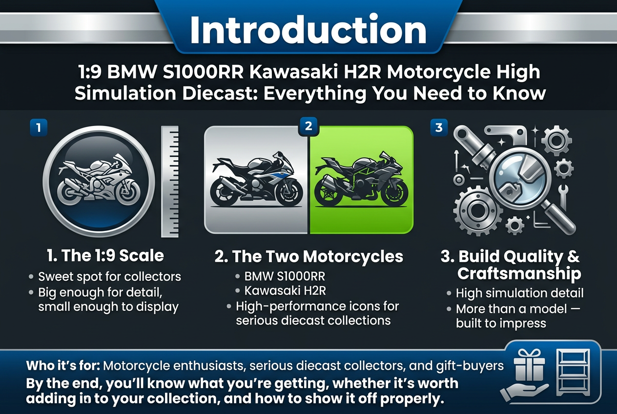 Create a clean, professional full-bleed infographic in a 3:2 aspect ratio with a modern automotive aesthetic. Use a dark charcoal background with metallic silver, electric blue, and lime green accents. Use bold sans-serif typography with clear hierarchy, crisp white text, and subtle glossy highlights. Layout should be wide and horizontal with three main content blocks across the center, plus a strong title bar at the top and a short summary strip at the bottom.
TOP HEADER:
Large bold title centered at the top in white and blue:
"Introduction"
Directly below it, smaller but still prominent subtitle:
"1:9 BMW S1000RR Kawasaki H2R Motorcycle High Simulation Diecast: Everything You Need to Know"
CENTER SECTION: three side-by-side feature blocks with icons and numbered labels.
LEFT BLOCK:
A large circular icon of a diecast motorcycle beside a ruler/scale marker.
Heading text:
"1. The 1:9 Scale"
Body text in two short lines:
"Sweet spot for collectors"
"Big enough for detail, small enough to display"
CENTER BLOCK:
Two sleek motorcycle silhouettes side by side, one BMW S1000RR and one Kawasaki H2R, with a split comparison style.
Heading text:
"2. The Two Motorcycles"
Subtext bullets:
"BMW S1000RR"
"Kawasaki H2R"
"High-performance icons for serious diecast collections"
RIGHT BLOCK:
A detailed craftsmanship icon showing metal parts, gears, and a polished finish with a magnifying glass.
Heading text:
"3. Build Quality & Craftsmanship"
Body text in two short lines:
"High simulation detail"
"More than a model — built to impress"
BOTTOM STRIP:
A wide horizontal conclusion bar with a gift box icon and a display shelf icon on the right.
Text:
"Who it's for: Motorcycle enthusiasts, serious diecast collectors, and gift-buyers"
Final line in bold:
"By the end, you'll know what you're getting, whether it's worth adding to your collection, and how to show it off properly."
Add small numbered markers "1", "2", and "3" near each block. Use clean spacing,