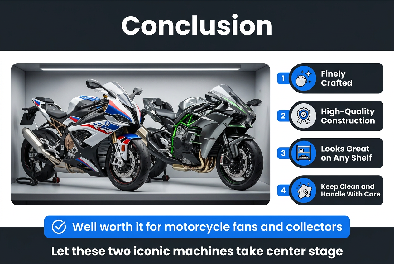Create a full-bleed professional infographic illustration in a 3:2 aspect ratio with a clean modern layout, dark charcoal and white background with electric blue and red accent colors, crisp sans-serif fonts, and strong visual hierarchy.
Top center: large bold heading text in white, "Conclusion"
Across the wide middle section, place a large realistic hero image of two premium 1:9 scale diecast motorcycles on a display shelf, one BMW S1000RR and one Kawasaki H2R, angled slightly toward the viewer, with metallic paint, chrome details, and studio lighting.
To the right of the hero image, create a vertical set of 4 numbered info blocks with small circular icons and short bold labels:
1. A sparkling detail icon beside the text "Finely Crafted"
2. A shield/quality icon beside the text "High-Quality Construction"
3. A display shelf icon beside the text "Looks Great on Any Shelf"
4. A care/dust cloth icon beside the text "Keep Clean and Handle With Care"
Along the bottom, add a wide highlighted callout bar with a checkmark icon and the text: "Well worth it for motorcycle fans and collectors"
Add a final centered closing line at the bottom in bold white text: "Let these two iconic machines take center stage"
Use a clean grid, wide horizontal sections, clear spacing, and polished infographic styling with no frame, no poster border, and no narrow vertical stack.