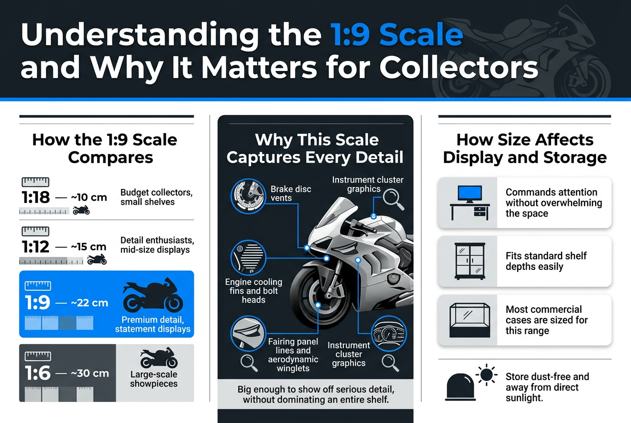 Create a clean, professional infographic in a 3:2 aspect ratio with a full-bleed layout, no frame, using a modern automotive theme in dark charcoal, white, silver, and electric blue accents. Use bold sans-serif typography with a clear hierarchy.
Top banner across the full width: large bold title text, "Understanding the 1:9 Scale and Why It Matters for Collectors". Add a subtle silhouette of a sport motorcycle behind the title.
Below the title, use a wide horizontal three-column layout:
LEFT COLUMN: a comparison chart titled "How the 1:9 Scale Compares". Show four stacked scale rows with small ruler icons and motorcycle icons:
- "1:18" — "~10 cm" — "Budget collectors, small shelves"
- "1:12" — "~15 cm" — "Detail enthusiasts, mid-size displays"
- "1:9" — "~22 cm" — "Premium detail, statement displays" highlighted in blue with a larger motorcycle icon
- "1:6" — "~30 cm" — "Large-scale showpieces"
Include a visual size progression bar or staircase showing 1:18 smallest to 1:6 largest, with 1:9 emphasized in the middle.
CENTER COLUMN: a detail-focused block titled "Why This Scale Captures Every Detail". Show a large close-up stylized motorcycle model with callout lines and four labeled detail icons around it:
- "Brake disc vents"
- "Engine cooling fins and bolt heads"
- "Fairing panel lines and aerodynamic winglets"
- "Instrument cluster graphics"
Use magnifying glass icons, micro-detail line art, and precision callout markers. Include a small caption line: "Big enough to show off serious detail, without dominating an entire shelf."
RIGHT COLUMN: a display and storage block titled "How Size Affects Display and Storage". Show three horizontal cards with simple icons:
- Desk display icon and text: "Commands attention without overwhelming the space"
- Glass cabinet icon and text: "Fits standard shelf depths easily"
- Display case icon and text: "Most commercial cases are sized for this range"
At the bottom of this column, add a small dust-cover and sun icon with text: "Store dust-free and away from direct sunlight."
Use thin divider lines between sections, balanced spacing