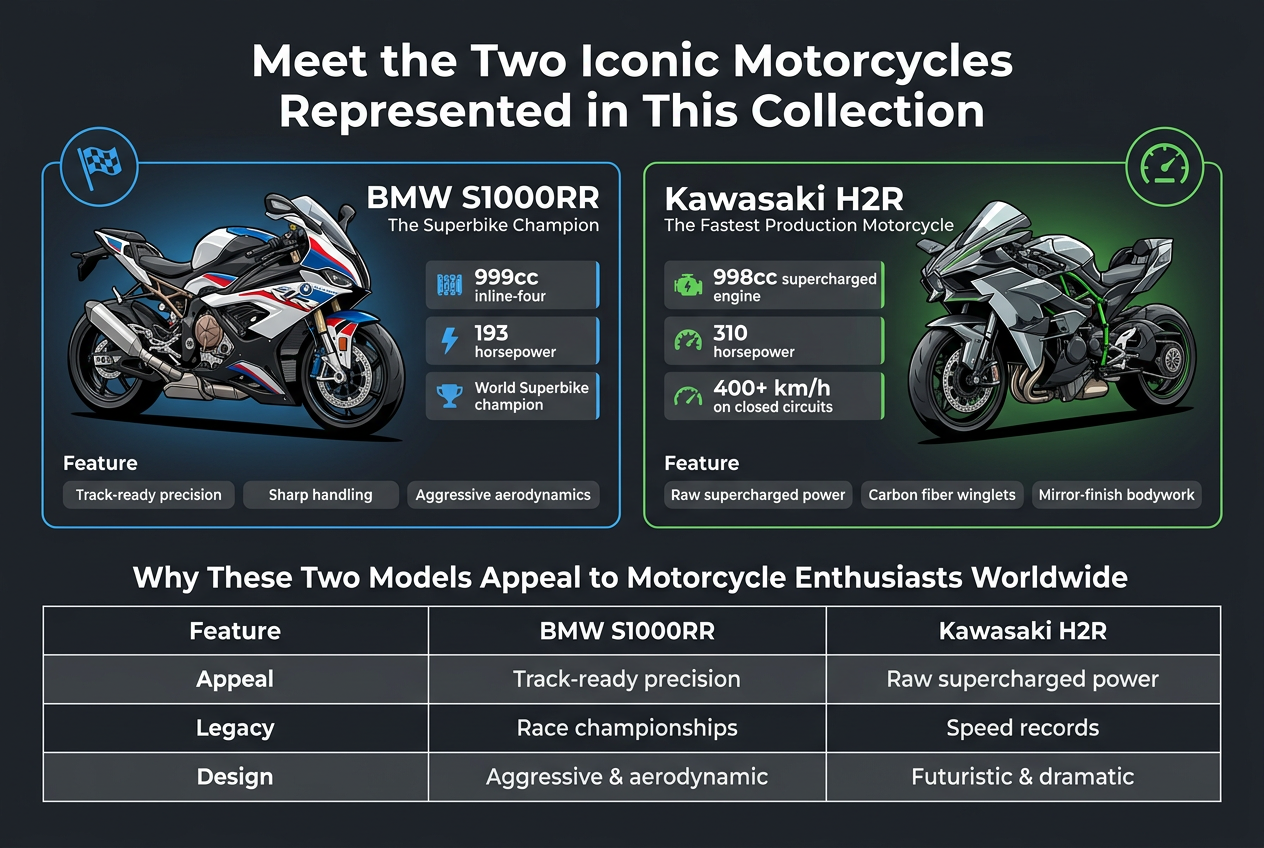 Create a clean, professional infographic illustration in a full-bleed 3:2 landscape layout with a modern motorsport aesthetic, dark charcoal background, electric blue, white, silver, and red accents, bold sans-serif typography, crisp vector style, and strong visual hierarchy.
Top center: large bold heading in white text: "Meet the Two Iconic Motorcycles Represented in This Collection"
Below the heading, divide the layout into two wide side-by-side feature panels with subtle glowing outlines and motorcycle imagery:
LEFT PANEL: BMW S1000RR
- Place a sleek sportbike illustration angled dynamically to the right.
- Add a blue circular icon with a racing flag.
- Large subheading: "BMW S1000RR"
- Smaller line: "The Superbike Champion"
- Include three compact metric callouts in stacked blocks with small icons:
- "999cc inline-four"
- "193 horsepower"
- "World Superbike champion"
- Add a short feature row with three labeled tags:
- "Track-ready precision"
- "Sharp handling"
- "Aggressive aerodynamics"
RIGHT PANEL: Kawasaki H2R
- Place a futuristic supercharged sportbike illustration angled dynamically to the left.
- Add a green circular icon with a speedometer.
- Large subheading: "Kawasaki H2R"
- Smaller line: "The Fastest Production Motorcycle"
- Include three compact metric callouts in stacked blocks with small icons:
- "998cc supercharged engine"
- "310 horsepower"
- "400+ km/h on closed circuits"
- Add a short feature row with three labeled tags:
- "Raw supercharged power"
- "Carbon fiber winglets"
- "Mirror-finish bodywork"
Center lower section spanning the width: a comparison table with a clean grid and alternating dark gray rows, titled in bold: "Why These Two Models Appeal to Motorcycle Enthusiasts Worldwide"
Columns labeled exactly:
- "Feature"
- "BMW S1000RR"
- "Kawasaki H2R"
Rows labeled exactly:
- "Appeal" | "Track-ready precision" | "Raw supercharged power"
- "Legacy" | "Race championships" | "Speed records"
- "Design" | "Aggressive & aerodynamic" | "Futuristic & dramatic"
