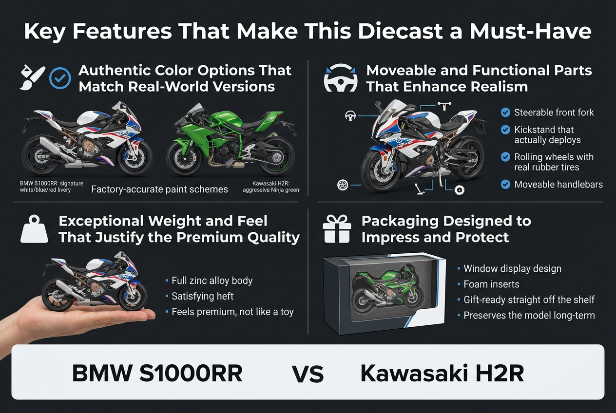 3:2 landscape infographic, full-bleed layout with clean modern automotive styling, dark charcoal background with white, blue, red, and Kawasaki green accents, bold sans-serif fonts, high contrast, premium product look.
Top header across full width: large bold title in white, centered: "Key Features That Make This Diecast a Must-Have"
Below title, arrange five wide horizontal sections in a clean 2-row layout with one larger comparison block at the bottom. Use icons and product visuals beside each section.
Section 1 on upper left: a split visual of two diecast motorcycles side by side, one BMW S1000RR in white/blue/red racing livery and one Kawasaki H2R in Ninja green, with a small paintbrush/check icon. Headline text: "Authentic Color Options That Match Real-World Versions". Small supporting text: "BMW S1000RR: signature white/blue/red livery" and "Kawasaki H2R: aggressive Ninja green" and "Factory-accurate paint schemes".
Section 2 on upper right: detailed close-up style illustration of a diecast motorcycle with callout lines and small icons for steering, kickstand, wheels, and handlebars. Headline text: "Moveable and Functional Parts That Enhance Realism". Four labeled bullet points with small check icons:
"Steerable front fork"
"Kickstand that actually deploys"
"Rolling wheels with real rubber tires"
"Moveable handlebars"
Section 3 on middle left: a premium metal texture visual of the model being held in a hand, with a weight icon. Headline text: "Exceptional Weight and Feel That Justify the Premium Quality". Supporting text: "Full zinc alloy body" and "Satisfying heft" and "Feels premium, not like a toy".
Section 4 on middle right: premium packaging illustration showing a window display box with foam inserts and the diecast model visible inside, plus a gift box icon. Headline text: "Packaging Designed to Impress and Protect". Supporting text: "Window display design" and "Foam inserts" and "Gift-ready straight off the shelf" and "Preserves the model long-term".
Bottom section spanning full width: a clean