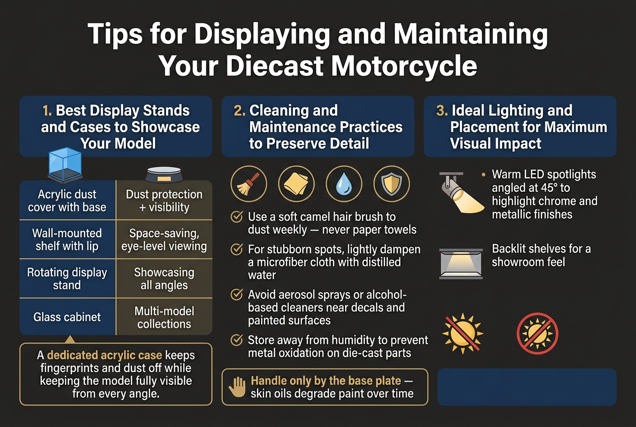 Create a clean, professional infographic illustration in a 3:2 aspect ratio with a full-bleed horizontal layout and no inset frame. Use a dark charcoal background with deep navy panels, white text, warm gold accents, and subtle red and silver highlights. Use modern sans-serif fonts with a bold title at the top and clear section headings.
Top center headline in large bold white text: "Tips for Displaying and Maintaining Your Diecast Motorcycle"
Below the title, divide the design into three wide horizontal sections across the canvas, each with a simple icon and organized text blocks.
LEFT SECTION: "1. Best Display Stands and Cases to Showcase Your Model"
Place a blue acrylic case icon and a small display stand icon. Include a 2-column comparison block with these exact rows:
- "Acrylic dust cover with base" — "Dust protection + visibility"
- "Wall-mounted shelf with lip" — "Space-saving, eye-level viewing"
- "Rotating display stand" — "Showcasing all angles"
- "Glass cabinet" — "Multi-model collections"
Add a highlighted callout box beneath with the exact text: "A dedicated acrylic case keeps fingerprints and dust off while keeping the model fully visible from every angle."
CENTER SECTION: "2. Cleaning and Maintenance Practices to Preserve Detail"
Use four small circular icons in a row: a soft brush, microfiber cloth, water droplet, and shield. Under them, place four bullet points with checkmark markers and exact text:
- "Use a soft camel hair brush to dust weekly — never paper towels"
- "For stubborn spots, lightly dampen a microfiber cloth with distilled water"
- "Avoid aerosol sprays or alcohol-based cleaners near decals and painted surfaces"
- "Store away from humidity to prevent metal oxidation on die-cast parts"
Add a final highlighted line with a hand icon and exact text: "Handle only by the base plate — skin oils degrade paint over time"
RIGHT SECTION: "3. Ideal Lighting and Placement for Maximum Visual Impact"
Use a warm LED spotlight icon, a backlit shelf icon, and a sun-with-slash warning icon. Arrange three short bullet points with exact text:
- "Warm LED spotlights angled at 45° to highlight chrome and metallic finishes"
- "Backlit shelves for a showroom feel"