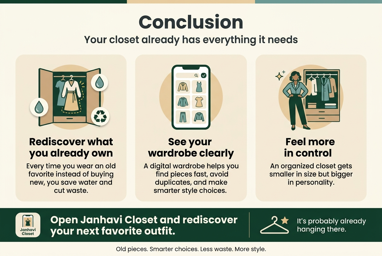 Create a clean, modern infographic illustration in a 3:2 aspect ratio, full-bleed background, wide horizontal layout, no inset frame, no narrow vertical stack. Use a fresh sustainable fashion palette: deep green, soft cream, warm beige, muted teal, and charcoal text. Style: professional editorial infographic, flat vector icons, subtle shadows, high readability, balanced spacing.

TOP HEADER AREA:
Large bold title centered at the top: "Conclusion"
Under the title, a smaller subtitle in dark charcoal: "Your closet already has everything it needs"

MAIN BODY: three wide horizontal sections across the center, each in its own rounded rectangle block with an icon on the left and text on the right.

SECTION 1 — left block:
Icon: open closet with a highlighted favorite outfit, plus a small water droplet and recycle symbol.
Heading text: "Rediscover what you already own"
Body text: "Every time you wear an old favorite instead of buying new, you save water and cut waste."

SECTION 2 — middle block:
Icon: smartphone showing a digital wardrobe grid, with neat clothing thumbnails and a search/checkmark symbol.
Heading text: "See your wardrobe clearly"
Body text: "A digital wardrobe helps you find pieces fast, avoid duplicates, and make smarter style choices."

SECTION 3 — right block:
Icon: confident person in a stylish outfit standing beside an organized closet, with a small sparkle icon.
Heading text: "Feel more in control"
Body text: "An organized closet gets smaller in size but bigger in personality."

BOTTOM CALLOUT STRIP spanning the width:
Left side: a small phone app icon labeled "Janhavi Closet"
Center bold callout text: "Open Janhavi Closet and rediscover your next favorite outfit."
Right side: a hanger icon with a star and the text: "It’s probably already hanging there."

Add a subtle bottom line in smaller text: "Old pieces. Smarter choices. Less waste. More style."
Use strong visual hierarchy, clear icons, ample whitespace, and crisp sans-serif typography. Keep all text exact and legible.