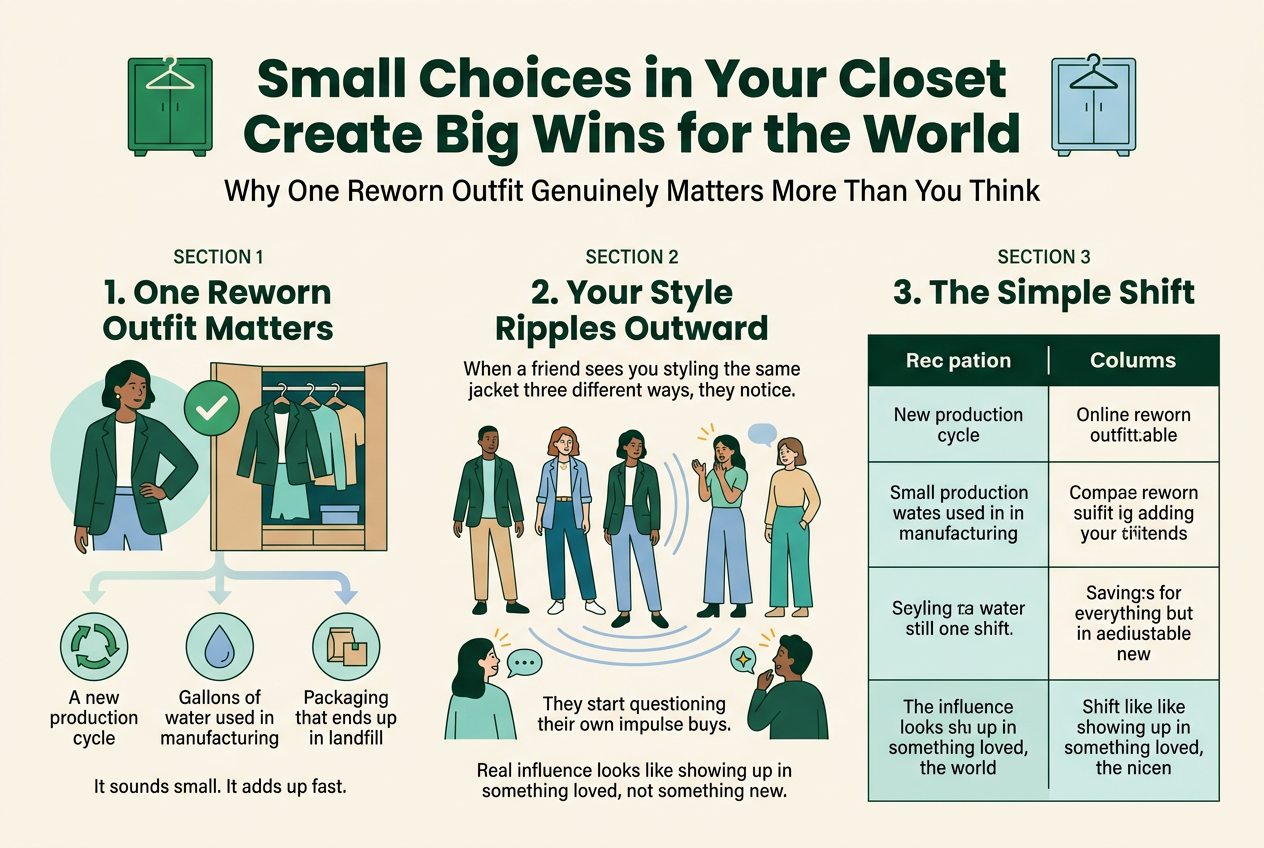 Create a clean, modern infographic illustration in a full-bleed 3:2 aspect ratio, using a wide horizontal layout with three clear sections across the page. Use a bright eco-friendly color palette: deep green, teal, soft blue, warm beige, and white. Use bold sans-serif typography for headings, regular sans-serif for body text, with strong visual hierarchy and lots of readable spacing.

TOP HEADER AREA:
- Large bold title centered across the top: “Small Choices in Your Closet Create Big Wins for the World”
- Smaller subtitle directly beneath: “Why One Reworn Outfit Genuinely Matters More Than You Think”
- Add a simple wardrobe icon or clothing hanger icon near the title.

SECTION 1 ON THE LEFT:
- Headline: “1. One Reworn Outfit Matters”
- Show a stylish person wearing a jacket and a closet with a “reworn” outfit, using a circular green checkmark icon.
- Use three small visual callouts with icons:
  - “A new production cycle”
  - “Gallons of water used in manufacturing”
  - “Packaging that ends up in landfill”
- Add a small text line below: “It sounds small. It adds up fast.”
- Use a subtle arrow or downward flow graphic from the outfit to the avoided waste icons.

SECTION 2 IN THE CENTER:
- Headline: “2. Your Style Ripples Outward”
- Show a person styling the same jacket in three different outfits, arranged in a row.
- Include two friends reacting with interest, with small speech bubbles or spark icons.
- Add the text:
  - “When a friend sees you styling the same jacket three different ways, they notice.”
  - “They start questioning their own impulse buys.”
  - “Real influence looks like showing up in something loved, not something new.”
- Use curved ripple lines moving outward from the central person to the friends.

SECTION 3 ON THE RIGHT:
- Headline: “3. The Simple Shift”
- Create a two-column comparison table with a bold divider