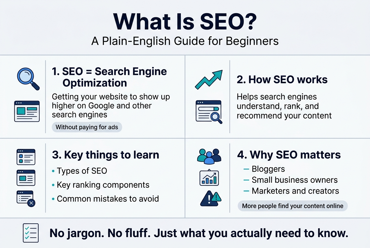 Create a clean, modern infographic illustration in a 3:2 aspect ratio, full-bleed layout, wide horizontal composition, no poster frame, no narrow centered stack. Use a professional white background with blue, teal, and dark navy accents, subtle light-gray dividers, bold sans-serif headline, and clear hierarchy.

Top header across the full width:
Large bold title text: "What Is SEO?"
Smaller subtitle directly below: "A Plain-English Guide for Beginners"

Main body arranged in 4 wide horizontal content blocks or columns with clear numbered labels and icons:

1. Left block with a magnifying glass and website icon:
Heading text: "1. SEO = Search Engine Optimization"
Body text: "Getting your website to show up higher on Google and other search engines"
Small badge text: "Without paying for ads"

2. Second block with a rising arrow and search results icon:
Heading text: "2. How SEO works"
Body text: "Helps search engines understand, rank, and recommend your content"

3. Third block with three small stacked icons and labels:
Heading text: "3. Key things to learn"
Three short bullet lines:
"Types of SEO"
"Key ranking components"
"Common mistakes to avoid"

4. Right block with a group of people, chart, and warning icons:
Heading text: "4. Why SEO matters"
Three short bullet lines:
"Bloggers"
"Small business owners"
"Marketers and creators"
Small footer line inside the block: "More people find your content online"

Bottom strip spanning the width with a simple checklist icon:
Bold line of text: "No jargon. No fluff. Just what you actually need to know."

Use clean spacing, strong visual separation, readable typography, and icons aligned beside each heading. Keep all text exact and clearly legible.
