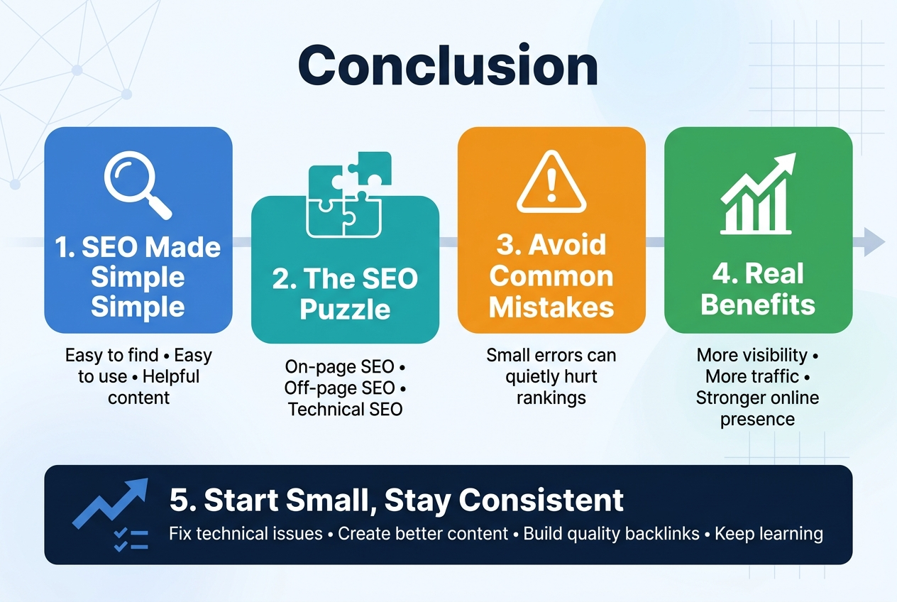 Create a clean, professional infographic illustration in a 3:2 aspect ratio with a full-bleed layout, no frame, using a modern flat vector style. Background: soft white with subtle light-blue gradient accents and faint network/grid patterns. Use a bold sans-serif font with strong visual hierarchy.

Top center: large bold heading in dark navy text: "Conclusion"

Below the heading, arrange the content in a wide 2-row layout with 4 main color-coded sections and a final wide bottom banner. Use clear icons and numbered points. Avoid a narrow centered stack.

Section 1 on the upper left: a blue rounded rectangle with a magnifying glass icon and the title in bold: "1. SEO Made Simple"
Include smaller text beneath: "Easy to find • Easy to use • Helpful content"

Section 2 on the upper middle-left: a teal rounded rectangle with three connected puzzle-piece icons and the title in bold: "2. The SEO Puzzle"
Include smaller text beneath: "On-page SEO • Off-page SEO • Technical SEO"

Section 3 on the upper middle-right: an orange rounded rectangle with a warning triangle icon and the title in bold: "3. Avoid Common Mistakes"
Include smaller text beneath: "Small errors can quietly hurt rankings"

Section 4 on the upper right: a green rounded rectangle with an upward-trending chart icon and the title in bold: "4. Real Benefits"
Include smaller text beneath: "More visibility • More traffic • Stronger online presence"

Bottom wide banner across the full width: a dark navy bar with a growth arrow and checklist icons on the left. Bold white text: "5. Start Small, Stay Consistent"
Smaller white text below: "Fix technical issues • Create better content • Build quality backlinks • Keep learning"

Add a subtle horizontal timeline or arrow flow connecting the sections from left to right, suggesting progress over time. Use crisp icons, balanced spacing, and strong contrast. Make the design polished, educational, and easy to scan.