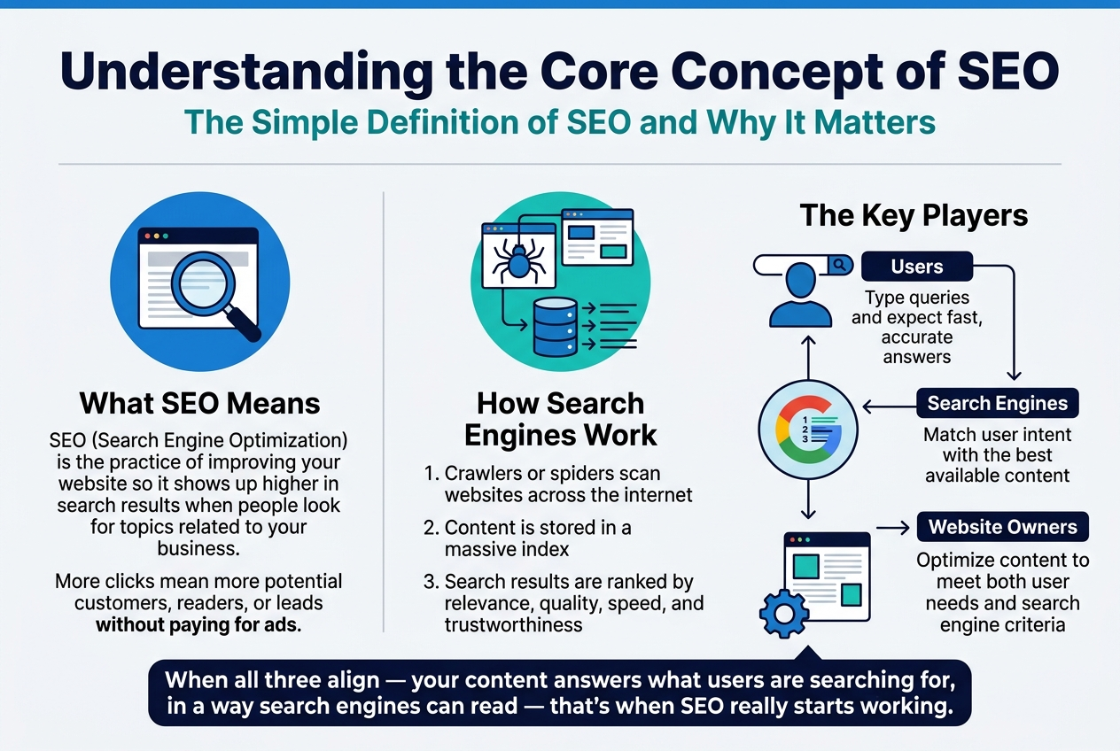 Create a clean, modern infographic illustration in a 3:2 aspect ratio, full-bleed layout with no outer frame, using a professional flat-vector style. Use a white background with blue, teal, and dark navy accents, subtle gray dividers, and bold sans-serif typography.

Top header across the full width:
Large bold title in dark navy: "Understanding the Core Concept of SEO"
Smaller subtitle beneath in teal: "The Simple Definition of SEO and Why It Matters"

Main body arranged in three wide horizontal sections or columns with clear spacing, not a narrow vertical stack:

1) Left section with a blue circular icon of a magnifying glass over a website window.
Heading: "What SEO Means"
Body text in short lines:
"SEO (Search Engine Optimization) is the practice of improving your website so it shows up higher in search results when people look for topics related to your business."
"More clicks mean more potential customers, readers, or leads"
"without paying for ads."

2) Center section with a teal circular icon showing a search engine crawler/spider scanning web pages, then an index/database and ranked results arrows.
Heading: "How Search Engines Work"
Body text in short lines:
"1. Crawlers or spiders scan websites across the internet"
"2. Content is stored in a massive index"
"3. Search results are ranked by relevance, quality, speed, and trustworthiness"

3) Right section with a three-part connected diagram using icons:
- user silhouette with a search bar
- search engine logo-style circle with ranking results
- website owner with a gear and webpage
Heading: "The Key Players"
Three labeled blocks with arrows between them:
"Users" — "Type queries and expect fast, accurate answers"
"Search Engines" — "Match user intent with the best available content"
"Website Owners" — "Optimize content to meet both user needs and search engine criteria"

At the bottom, add a highlighted navy callout bar spanning the width with white text:
"When all three align — your content answers what users are searching for, in a way search engines can read — that's when SEO really starts working."

Use clear section dividers, simple