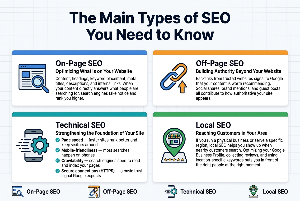 Aspect ratio 3:2, full-bleed clean professional infographic, white background with subtle light-gray grid texture, modern sans-serif fonts, strong visual hierarchy, bold dark navy title at top center: "The Main Types of SEO You Need to Know"

Below the title, create four wide horizontal content panels arranged in a 2x2 grid across the page, each with a colored header bar, a large icon on the left, and short text on the right.

Panel 1 in blue: icon of a webpage with a magnifying glass. Heading text: "On-Page SEO". Subheading text: "Optimizing What Is on Your Website". Body text: "Content, headings, keyword placement, meta titles, descriptions, and internal links. When your content directly answers what people are searching for, search engines take notice and rank you higher."

Panel 2 in orange: icon of a chain link and upward arrow. Heading text: "Off-Page SEO". Subheading text: "Building Authority Beyond Your Website". Body text: "Backlinks from trusted websites signal to Google that your content is worth recommending. Social shares, brand mentions, and guest posts all contribute to how authoritative your site appears."

Panel 3 in teal: icon of a gear inside a smartphone and speed lines. Heading text: "Technical SEO". Subheading text: "Strengthening the Foundation of Your Site". Body text in four short bullet points with small check icons:
"Page speed — faster sites rank better and keep visitors around"
"Mobile-friendliness — most searches happen on phones"
"Crawlability — search engines need to read and index your pages"
"Secure connections (HTTPS) — a basic trust signal Google expects"

Panel 4 in green: icon of a map pin with a storefront and star rating. Heading text: "Local SEO". Subheading text: "Reaching Customers in Your Area". Body text: "If you run a physical business or serve a specific region, local SEO helps you show up when nearby customers search. Optimizing your Google Business Profile, collecting reviews, and using location-specific keywords puts you in front of the right people at the right moment."

Add a slim bottom strip with four small matching icons and labels