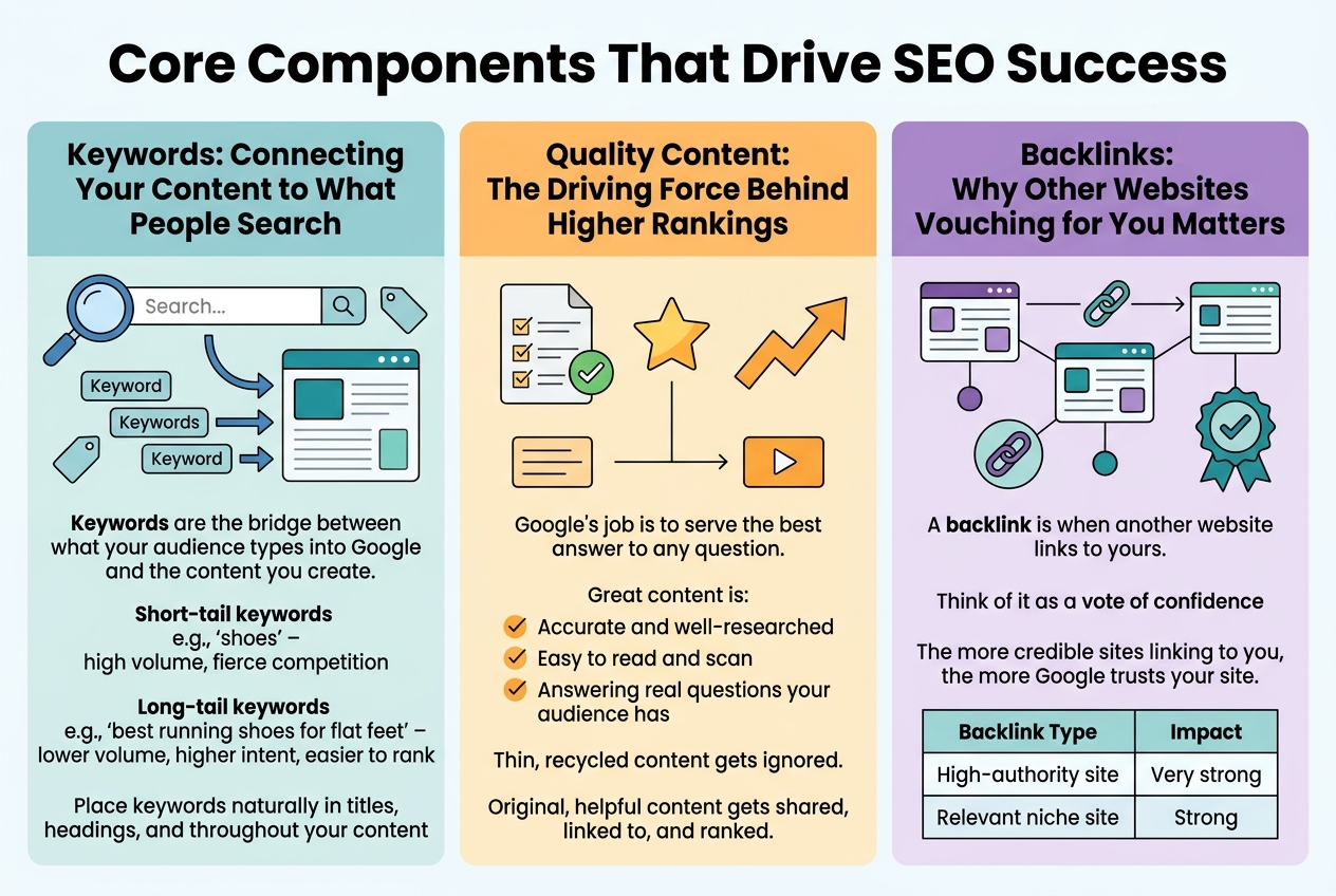 Create a clean, professional full-bleed infographic illustration in 3:2 aspect ratio with a light background, modern sans-serif fonts, and a clear visual hierarchy. Place a bold title across the top: "Core Components That Drive SEO Success". Use a wide horizontal layout with three large color-coded sections across the page, not a narrow vertical poster. Include SEO-themed icons, arrows, and simple diagrams.

LEFT SECTION: "Keywords: Connecting Your Content to What People Search"
Show a magnifying glass, search bar, and keyword tags. Include these exact lines:
"Keywords are the bridge between what your audience types into Google and the content you create."
"Short-tail keywords" – "e.g., 'shoes'" – "high volume, fierce competition"
"Long-tail keywords" – "e.g., 'best running shoes for flat feet'" – "lower volume, higher intent, easier to rank"
"Place keywords naturally in titles, headings, and throughout your content"
Use small tag icons and an arrow from search bar to webpage content.

CENTER SECTION: "Quality Content: The Driving Force Behind Higher Rankings"
Show a document/checklist icon, star, and upward ranking arrow. Include these exact lines:
"Google's job is to serve the best answer to any question."
"Great content is:"
"Accurate and well-researched"
"Easy to read and scan"
"Answering real questions your audience has"
"Thin, recycled content gets ignored."
"Original, helpful content gets shared, linked to, and ranked."
Use three checkmark bullets for the three qualities.

RIGHT SECTION: "Backlinks: Why Other Websites Vouching for You Matters"
Show connected website nodes, chain-link icons, and a trust badge. Include these exact lines:
"A backlink is when another website links to yours."
"Think of it as a vote of confidence"
"The more credible sites linking to you, the more Google trusts your site."
Add a small clean table with headers:
"Backlink Type" and "Impact"
Rows:
"High-authority site" | "Very strong"
"Relevant niche site" | "Strong"