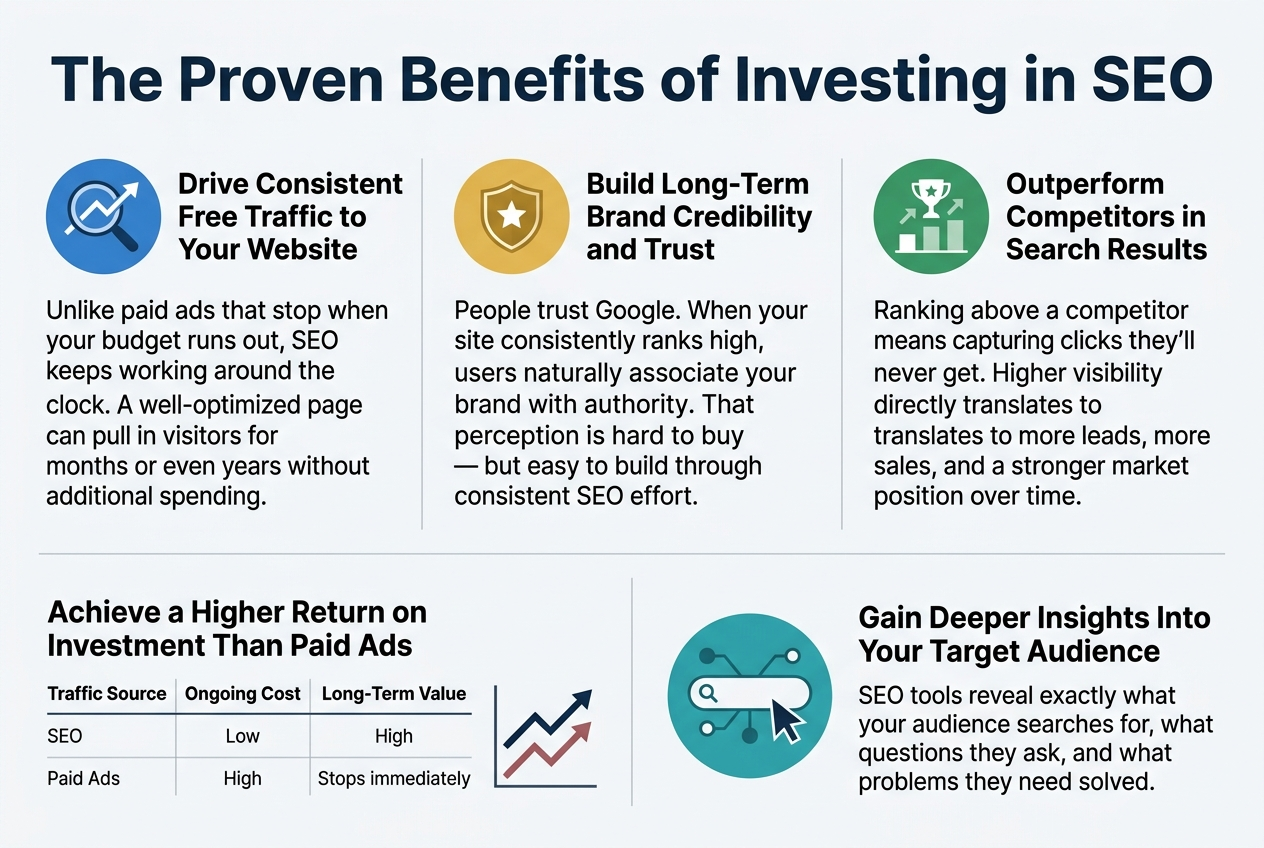 Create a clean, professional full-bleed infographic illustration in 3:2 aspect ratio with a modern white background, deep navy and teal accents, subtle light gray dividers, and bold sans-serif typography. Place a large bold headline across the top: "The Proven Benefits of Investing in SEO". Use a wide horizontal layout with five clearly separated sections arranged in a 2-row grid: three sections across the top row and two wider sections across the bottom row. Add simple flat vector icons for each section.

Top row, left section:
A blue circular icon with a magnifying glass and upward traffic line.
Heading: "Drive Consistent Free Traffic to Your Website"
Body text: "Unlike paid ads that stop when your budget runs out, SEO keeps working around the clock. A well-optimized page can pull in visitors for months or even years without additional spending."

Top row, center section:
A gold circular icon with a shield and star.
Heading: "Build Long-Term Brand Credibility and Trust"
Body text: "People trust Google. When your site consistently ranks high, users naturally associate your brand with authority. That perception is hard to buy — but easy to build through consistent SEO effort."

Top row, right section:
A green circular icon with a trophy and arrows above a competitor bar chart.
Heading: "Outperform Competitors in Search Results"
Body text: "Ranking above a competitor means capturing clicks they'll never get. Higher visibility directly translates to more leads, more sales, and a stronger market position over time."

Bottom row, left wide section:
A split comparison graphic with two columns and a small chart icon.
Heading: "Achieve a Higher Return on Investment Than Paid Ads"
Include a simple table with exact text:
"Traffic Source | Ongoing Cost | Long-Term Value"
"SEO | Low | High"
"Paid Ads | High | Stops immediately"
Add a small upward profit line graph beside the table. Use dark blue for SEO and muted red for Paid Ads.

Bottom row, right wide section:
A teal circular icon with a search bar, cursor, and data nodes.
Heading: "Gain Deeper Insights Into Your Target Audience"
Body text: "SEO tools reveal exactly what your audience searches for, what questions they ask, and what problems they