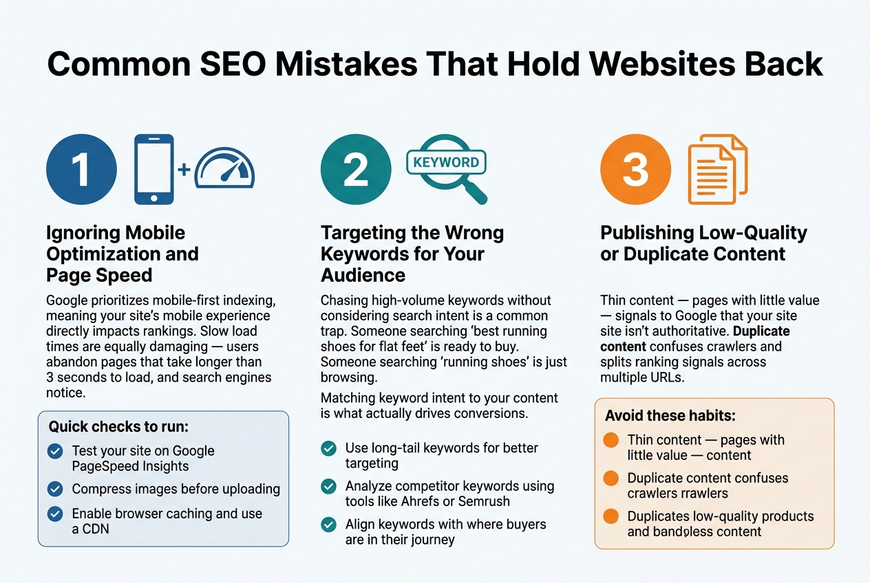 Create a clean professional SEO infographic in a full-bleed 3:2 landscape layout with a modern white background, deep blue and teal accents, orange warning highlights, and dark gray sans-serif typography. Place a bold large title across the top center: "Common SEO Mistakes That Hold Websites Back". Use a clear visual hierarchy with three wide horizontal sections arranged in three equal columns across the page, each with a large numbered circle icon and a simple flat icon.

Left section: a blue circle with the number "1" and a smartphone plus speedometer icon. Heading text: "Ignoring Mobile Optimization and Page Speed". Under it, include smaller body text: "Google prioritizes mobile-first indexing, meaning your site's mobile experience directly impacts rankings. Slow load times are equally damaging — users abandon pages that take longer than 3 seconds to load, and search engines notice." Add a subheading box: "Quick checks to run:" followed by three bullet lines with small check icons: "Test your site on Google PageSpeed Insights", "Compress images before uploading", "Enable browser caching and use a CDN".

Middle section: a teal circle with the number "2" and a magnifying glass over a keyword tag icon. Heading text: "Targeting the Wrong Keywords for Your Audience". Under it, include smaller body text: "Chasing high-volume keywords without considering search intent is a common trap. Someone searching \"best running shoes for flat feet\" is ready to buy. Someone searching \"running shoes\" is just browsing. Matching keyword intent to your content is what actually drives conversions." Add three bullet lines with small check icons: "Use long-tail keywords for better targeting", "Analyze competitor keywords using tools like Ahrefs or Semrush", "Align keywords with where buyers are in their journey".

Right section: an orange circle with the number "3" and a document stack with a duplicate pages icon. Heading text: "Publishing Low-Quality or Duplicate Content". Under it, include smaller body text: "Thin content — pages with little value — signals to Google that your site isn't authoritative. Duplicate content confuses crawlers and splits ranking signals across multiple URLs." Add a subheading box: "Avoid these habits:" followed by three bullet lines with