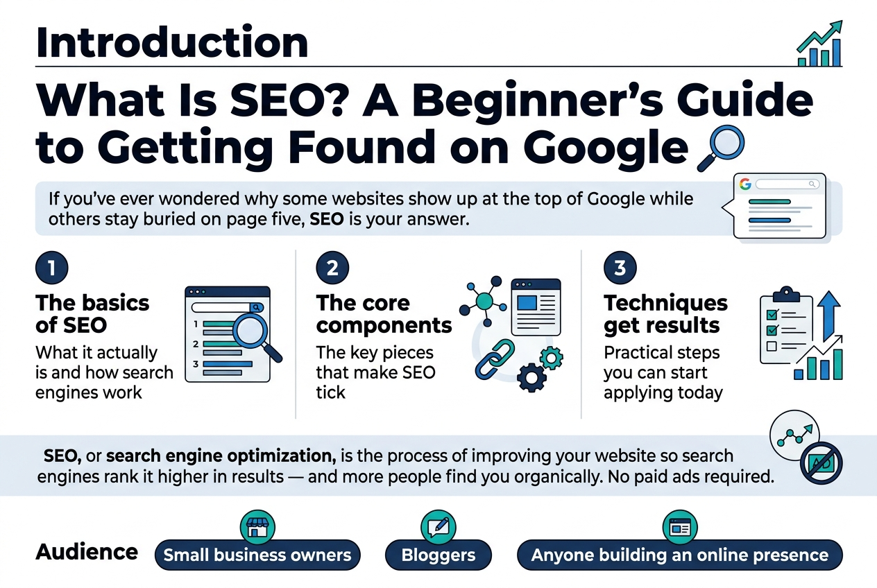 Create a clean, professional infographic illustration in a 3:2 aspect ratio with a full-bleed layout and no poster frame, using a wide horizontal composition with clear sections and strong visual hierarchy. Style: modern flat design, crisp vector graphics, white background with blue, teal, and dark navy accents, subtle light gray dividers, bold sans-serif typography.
Top full-width header:
Large bold title at the top left: "Introduction"
Directly below it, large headline text: "What Is SEO? A Beginner's Guide to Getting Found on Google"
Add a simple magnifying glass icon beside the headline and a small upward-trending search results icon near the title.
Below the header, create a wide three-panel horizontal layout across the center of the infographic with numbered blocks:
Left panel:
Numbered circle "1"
Title text: "The basics of SEO"
Body text: "What it actually is and how search engines work"
Icon: a search engine results page with a magnifying glass and ranked list bars.
Middle panel:
Numbered circle "2"
Title text: "The core components"
Body text: "The key pieces that make SEO tick"
Icon: connected nodes, content page, link chain, and gear symbols grouped together.
Right panel:
Numbered circle "3"
Title text: "Techniques that get results"
Body text: "Practical steps you can start applying today"
Icon: a checklist, upward arrow, and small growth chart.
Add a short explanatory sentence in a highlighted strip under the headline, spanning most of the width:
"If you've ever wondered why some websites show up at the top of Google while others stay buried on page five, SEO is your answer."
Use a subtle callout box with a Google-style search results icon.
Add a second wide strip near the lower third with a concise definition:
"SEO, or search engine optimization, is the process of improving your website so search engines rank it higher in results — and more people find you organically. No paid ads required."
Use a small organic traffic icon and a crossed-out ad icon.
Bottom section, full-width, with three audience chips or badges aligned horizontally:
"Small business owners"
"Bloggers"
"Anyone building an online presence"
Place small icons above each badge