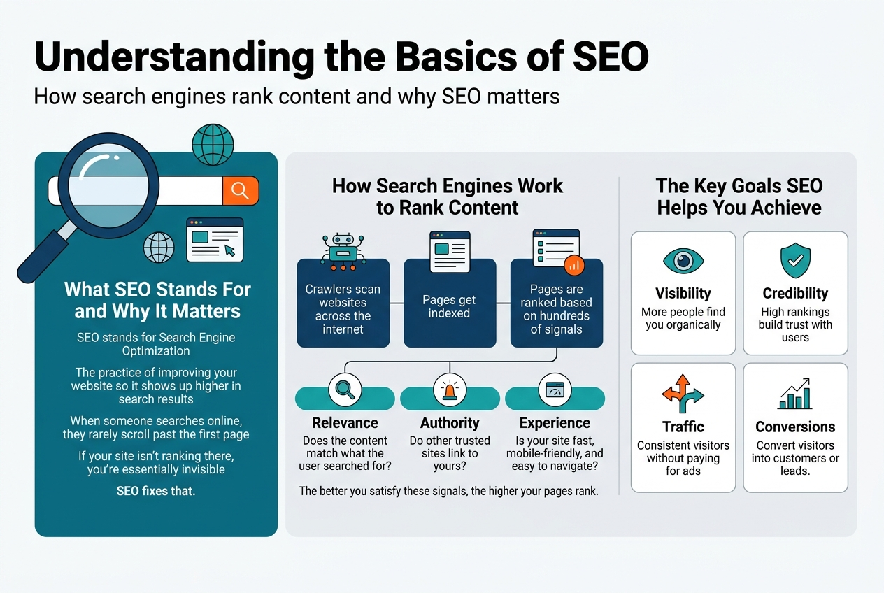 Create a clean, modern infographic illustration in a 3:2 aspect ratio with a full-bleed layout, no poster frame, using a wide horizontal composition with three main sections. Use a professional color palette of deep blue, teal, white, and light gray, with orange accent highlights. Use a bold sans-serif title at the top left.
Top header:
Large bold title text: "Understanding the Basics of SEO"
Subheading beneath in smaller text: "How search engines rank content and why SEO matters"
Main layout:
Left section as a tall panel with a large magnifying glass and search bar icon, plus a small globe and website icons. Add the heading: "What SEO Stands For and Why It Matters"
Body text in short readable lines:
"SEO stands for Search Engine Optimization"
"The practice of improving your website so it shows up higher in search results"
"When someone searches online, they rarely scroll past the first page"
"If your site isn't ranking there, you're essentially invisible"
"SEO fixes that."
Center section as a process flow with three connected blocks and crawler/web icons:
Heading: "How Search Engines Work to Rank Content"
Block 1 text: "Crawlers scan websites across the internet"
Block 2 text: "Pages get indexed"
Block 3 text: "Pages are ranked based on hundreds of signals"
Under the blocks, add three icon-labeled signal chips in a horizontal row:
"Relevance" — "Does the content match what the user searched for?"
"Authority" — "Do other trusted sites link to yours?"
"Experience" — "Is your site fast, mobile-friendly, and easy to navigate?"
Add a small line below: "The better you satisfy these signals, the higher your pages rank."
Right section as a results grid with four cards and icons:
Heading: "The Key Goals SEO Helps You Achieve"
Card 1 with an eye icon:
"Visibility" — "More people find you organically"
Card 2 with a shield icon:
"Credibility" — "High rankings build trust with users"
Card 3 with a traffic arrow icon:
"Traffic" — "Consistent visitors without paying for ads"
Card 4 with a