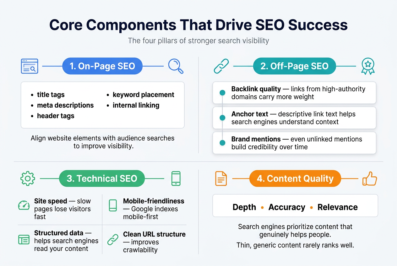 Create a clean professional SEO infographic in a full-bleed 3:2 landscape layout with a modern sans-serif font, bold dark navy title at the top center reading "Core Components That Drive SEO Success". Use a white background with blue, teal, green, and orange accent colors, subtle dividers, and clear iconography. Organize the content into four wide horizontal sections across the canvas with balanced multi-column spacing, not a vertical poster.
Top header area:
- Large bold heading: "Core Components That Drive SEO Success"
- Small subtitle beneath in lighter gray: "The four pillars of stronger search visibility"
Section 1 on the upper left, titled "1. On-Page SEO" in a blue rounded label, with a small browser window icon and magnifying glass icon.
Include a compact text block with bullets:
- "title tags"
- "meta descriptions"
- "header tags"
- "keyword placement"
- "internal linking"
Add a short line beneath in smaller text: "Align website elements with audience searches to improve visibility."
Section 2 on the upper right, titled "2. Off-Page SEO" in a teal rounded label, with a chain link icon and star badge icon.
Include three stacked bullet cards with small circular markers:
- "Backlink quality — links from high-authority domains carry more weight"
- "Anchor text — descriptive link text helps search engines understand context"
- "Brand mentions — even unlinked mentions build credibility over time"
Section 3 across the lower left, titled "3. Technical SEO" in a green rounded label, with a gear icon and mobile phone icon.
Show four icon-and-text rows in a neat 2x2 grid:
- "Site speed — slow pages lose visitors fast"
- "Mobile-friendliness — Google indexes mobile-first"
- "Structured data — helps search engines read your content"
- "Clean URL structure — improves crawlability"
Section 4 across the lower right, titled "4. Content Quality" in an orange rounded label, with a document icon and thumbs-up icon.
Include a central content block with three bold keywords separated by dots:
- "Depth"
- "Accuracy"
- "Relevance"
Below that, add:
- "Search engines prioritize content that genuinely helps people."
- "Thin, generic content rarely