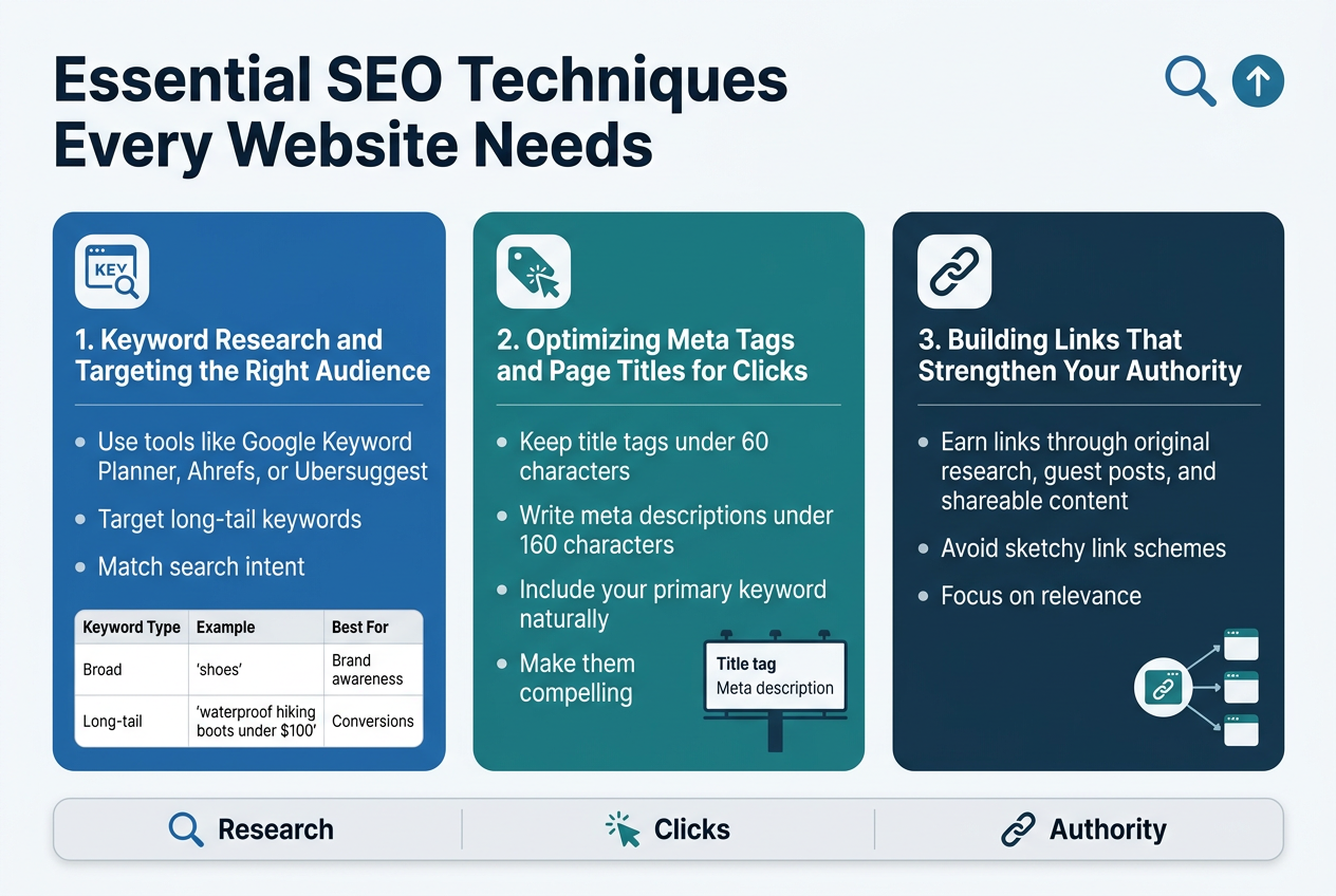 Create a clean, professional full-bleed infographic in a 3:2 aspect ratio with a light white background, deep blue and teal accents, and subtle gray dividers. Use a modern sans-serif font with a bold title at the top left.
Top header:
"Essential SEO Techniques Every Website Needs"
Add a small magnifying glass and upward arrow icon near the title.
Layout: three wide horizontal sections across the middle, each in its own colored block with a clear icon and numbered heading.
Section 1 on the left:
A blue block with a keyword icon and the heading:
"1. Keyword Research and Targeting the Right Audience"
Include short bullet points:
"Use tools like Google Keyword Planner, Ahrefs, or Ubersuggest"
"Target long-tail keywords"
"Match search intent"
Add a small mini table below with columns:
"Keyword Type | Example | Best For"
"Broad | 'shoes' | Brand awareness"
"Long-tail | 'waterproof hiking boots under $100' | Conversions"
Section 2 in the center:
A teal block with a tag and click icon and the heading:
"2. Optimizing Meta Tags and Page Titles for Clicks"
Include bullet points:
"Keep title tags under 60 characters"
"Write meta descriptions under 160 characters"
"Include your primary keyword naturally"
"Make them compelling"
Add a small billboard-style card showing:
"Title tag"
"Meta description"
Section 3 on the right:
A dark blue block with a chain-link icon and the heading:
"3. Building Links That Strengthen Your Authority"
Include bullet points:
"Earn links through original research, guest posts, and shareable content"
"Avoid sketchy link schemes"
"Focus on relevance"
Add a small visual of linked nodes or backlinks with one highlighted authoritative site and a few smaller sites.
Bottom strip across the full width:
A subtle summary bar with three icons and short labels:
"Research"
"Clicks"
"Authority"
Use clear spacing, strong hierarchy, rounded rectangles, simple flat vector icons, and crisp readable text. Avoid narrow centered stacks; use a balanced wide layout with distinct sections.