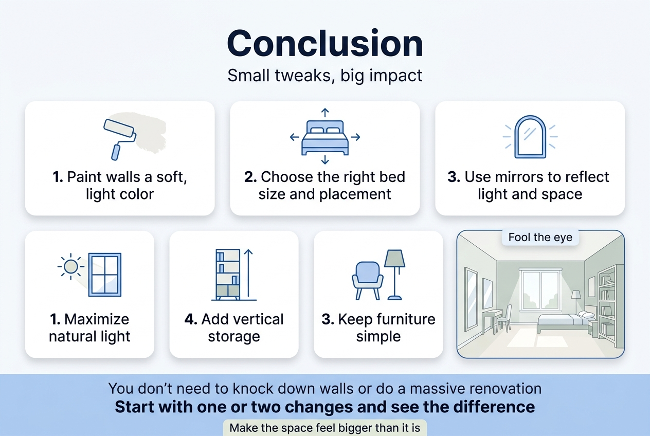 Create a clean professional infographic illustration in a 3:2 aspect ratio, full-bleed layout, no border, no inset frame, wide horizontal composition with balanced spacing and multi-section design. Use a bright airy color palette of soft white, pale blue, light gray, and muted sage with navy text accents. Modern sans-serif typography, bold clear heading at the top.

Top center: large bold heading text "Conclusion"
Directly beneath, smaller subheading text: "Small tweaks, big impact"

Main body across the center in 2 rows of rounded white cards with soft shadows, arranged in a wide grid. Each card has a simple blue line icon and numbered title text.

Left to right, top row:
1. A paint roller icon with soft light color swatch, card text: "Paint walls a soft, light color"
2. A bed icon with placement arrows, card text: "Choose the right bed size and placement"
3. A mirror icon with light rays, card text: "Use mirrors to reflect light and space"

Left to right, bottom row:
4. A sun and window icon, card text: "Maximize natural light"
5. A vertical shelving icon reaching upward, card text: "Add vertical storage"
6. A simplified chair and lamp icon, card text: "Keep furniture simple"

Right side or bottom-right feature callout panel with a larger airy bedroom illustration: a small master bedroom with light walls, uncluttered furniture, large window, mirror, tidy vertical shelves, open floor space, and sunlight filling the room. Add a subtle floating text label inside the callout: "Fool the eye"

Bottom full-width closing banner in soft blue with white text:
"You don't need to knock down walls or do a massive renovation"
And beneath it in bold:
"Start with one or two changes and see the difference"

Final footer text in a smaller highlighted strip:
"Make the space feel bigger than it is"
</