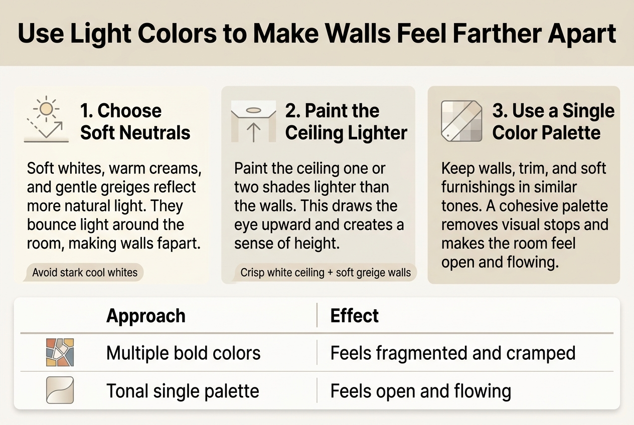 Create a clean, modern infographic illustration in a 3:2 landscape aspect ratio with a full-bleed layout, soft warm neutral color palette, and professional editorial design. Use a bold sans-serif heading at the top spanning the width of the image.

Top header text:
“Use Light Colors to Make Walls Feel Farther Apart”

Below the title, arrange three wide horizontal content blocks across the page, each with a simple icon on the left and text on the right. Use soft whites, warm creams, greiges, pale beige, and light gray accents. Keep the overall feel airy, bright, and spacious.

Section 1 on the left side:
A sunbeam/light-reflection icon beside the heading:
“1. Choose Soft Neutrals”
Body text:
“Soft whites, warm creams, and gentle greiges reflect more natural light. They bounce light around the room, making walls feel farther apart.”
Add a small accent label or note:
“Avoid stark cool whites”

Section 2 in the center:
A ceiling/arrow-up icon beside the heading:
“2. Paint the Ceiling Lighter”
Body text:
“Paint the ceiling one or two shades lighter than the walls. This draws the eye upward and creates a sense of height.”
Add a small example note:
“Crisp white ceiling + soft greige walls”

Section 3 on the right side:
A seamless color-swatch icon beside the heading:
“3. Use a Single Color Palette”
Body text:
“Keep walls, trim, and soft furnishings in similar tones. A cohesive palette removes visual stops and makes the room feel open and flowing.”

At the bottom, include a clean comparison table with two columns and two rows, styled as a simple infographic block with subtle dividers:

Table heading:
“Approach | Effect”

Row 1:
“Multiple bold colors | Feels fragmented and cramped”

Row 2:
“Tonal single palette | Feels open and flowing”

Use small icons or markers for the table rows: a fragmented mosaic icon for the first row and a smooth flowing swatch icon for the second row. Keep all text crisp, legible, and aligned. Use ample spacing, soft shadows, and minimal decorative elements. No frame, no border poster look, no narrow