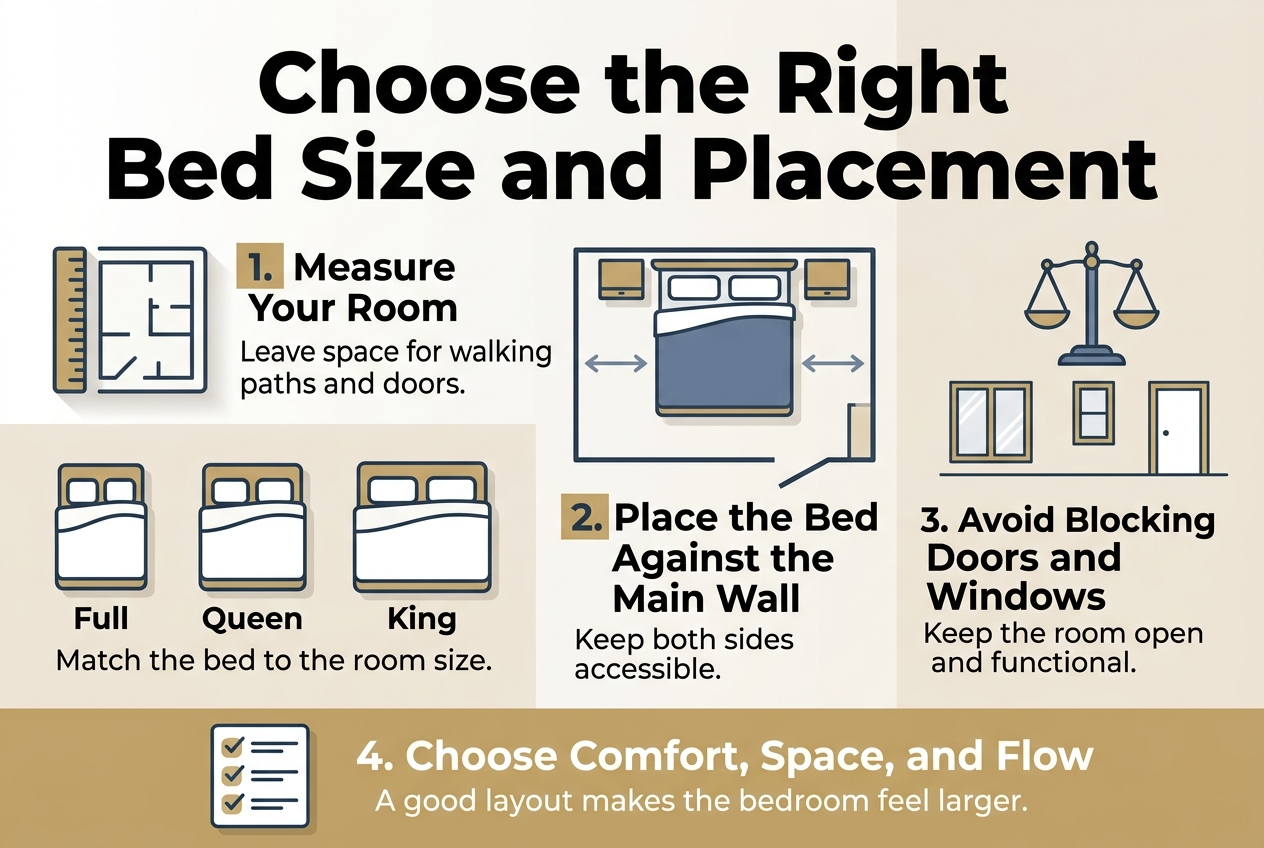 Create a clean, professional infographic illustration in a 3:2 aspect ratio, full-bleed wide layout with no frame. Use a modern bedroom design style with soft whites, warm beige, slate blue, and muted gold accents. Place a large bold heading across the top: "Choose the Right Bed Size and Placement".

Divide the infographic into 4 horizontal sections with clear numbered blocks and simple icons.

Left side, first section: a ruler and floor-plan icon beside the text "1. Measure Your Room" and smaller text "Leave space for walking paths and doors."

Center-left, second section: a bed-size comparison row with three bed icons labeled "Full", "Queen", and "King", and smaller text "Match the bed to the room size."

Center-right, third section: a bedroom layout diagram with a bed centered on the main wall, bedside tables on both sides, and arrows showing clearance space. Add the text "2. Place the Bed Against the Main Wall" and smaller text "Keep both sides accessible."

Right side, fourth section: a balance scale icon and a window/door placement diagram with the text "3. Avoid Blocking Doors and Windows" and smaller text "Keep the room open and functional."

Bottom band across the full width: a simple checklist with checkmark icons and the text "4. Choose Comfort, Space, and Flow" followed by "A good layout makes the bedroom feel larger."

Use bold sans-serif typography for headings, smaller clean sans-serif for body text, strong hierarchy, crisp line icons, and subtle shadows. Keep the layout spacious, organized, and easy to read.
</image_prompt