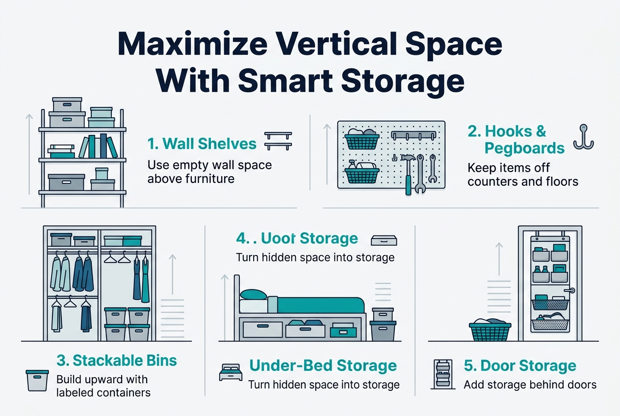 Create a full-bleed infographic in a clean modern flat-vector style, aspect ratio 3:2, with a bright white background, teal and navy accents, soft gray lines, and a bold sans-serif font.

Top center: large bold heading in dark navy text, "Maximize Vertical Space With Smart Storage"

Below the heading, arrange five wide horizontal content blocks in a balanced 2-row layout, avoiding a narrow centered stack.

Block 1 on upper left: a tall wall shelf illustration with stacked boxes and books, labeled "1. Wall Shelves" in teal, with small text beneath: "Use empty wall space above furniture"

Block 2 on upper right: a pegboard with hooks, baskets, and hanging tools, labeled "2. Hooks & Pegboards" in teal, with small text beneath: "Keep items off counters and floors"

Block 3 on lower left: a closet with double hanging rods and stacked bins, labeled "3. Stackable Bins" in teal, with small text beneath: "Build upward with labeled containers"

Block 4 on lower center-right: a bed with drawers underneath and storage boxes, labeled "4. Under-Bed Storage" in teal, with small text beneath: "Turn hidden space into storage"

Block 5 on lower far right: a doorway with over-the-door organizers and baskets, labeled "5. Door Storage" in teal, with small text beneath: "Add storage behind doors"

Add small simple icons beside each numbered label: shelf icon, hook icon, bin icon, bed drawer icon, and door organizer icon. Use clear spacing, thin divider lines between blocks, and subtle upward arrows or stacked