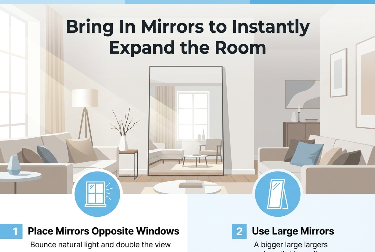 Full-bleed 3:2 horizontal infographic, clean modern interior design style, bright airy palette of white, soft beige, light gray, and sky blue accents, crisp sans-serif typography, professional editorial layout.

Top center: large bold heading in dark charcoal text, exact words: "Bring In Mirrors to Instantly Expand the Room"

Main visual across the center: a stylish living room shown in a wide horizontal scene, with a large floor mirror reflecting a bright window and making the room feel deeper and larger; subtle sunlight beams and reflected furniture visible in the mirror. Use a spacious, open composition with no poster frame, no inset margins.

Bottom section: three wide numbered blocks arranged left to right, each with a simple blue circular icon and a short caption.

Left block:
Blue circular icon of a window with rays of light.
Number label: "1"
Bold caption text: "Place Mirrors Opposite Windows"
Small supporting line: "Bounce natural light and double the view"

Middle block:
Blue circular icon of a tall leaning mirror.
Number label: "2"
Bold caption text: "Use Large Mirrors"
Small supporting line: "A bigger