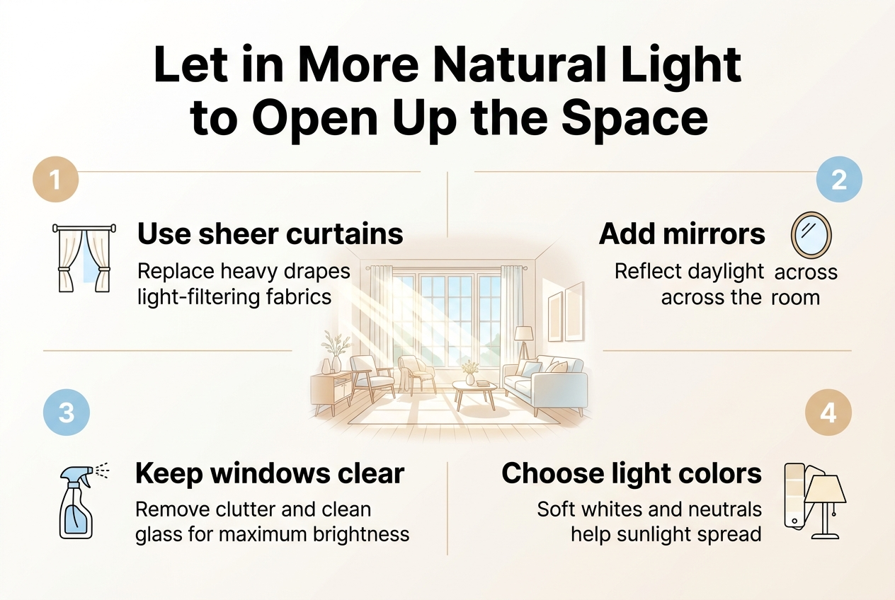 Full-bleed clean professional infographic, aspect ratio 3:2, bright airy interior design style, white background with soft warm beige and light blue accents, modern sans-serif fonts. Large bold heading across the top: "Let in More Natural Light to Open Up the Space". 

Below the heading, arrange four wide horizontal sections in a 2x2 grid with plenty of open space, each section with a colored circular number icon and a simple line icon:
1. Top left section: sheer curtain icon, text: "Use sheer curtains" and smaller subtext: "Replace heavy drapes with light-filtering fabrics".
2. Top right section: mirror icon, text: "Add mirrors" and smaller subtext: "Reflect daylight across the room".
3. Bottom left section: window cleaning spray icon, text: "Keep windows clear" and smaller subtext: "Remove clutter and clean glass for maximum brightness".
4. Bottom right section: pale wall paint swatch and lamp icon, text: "Choose light colors" and smaller subtext: "Soft whites and neutrals help sunlight spread".

Add a subtle central illustration of a bright living room with large windows, sunlight beams, airy furniture, and open floor space. Use thin divider lines, soft shadows, and minimalist icons. Make the layout spacious, balanced, and easy to scan, with the heading at the top and the four numbered tips clearly visible in bold black text.