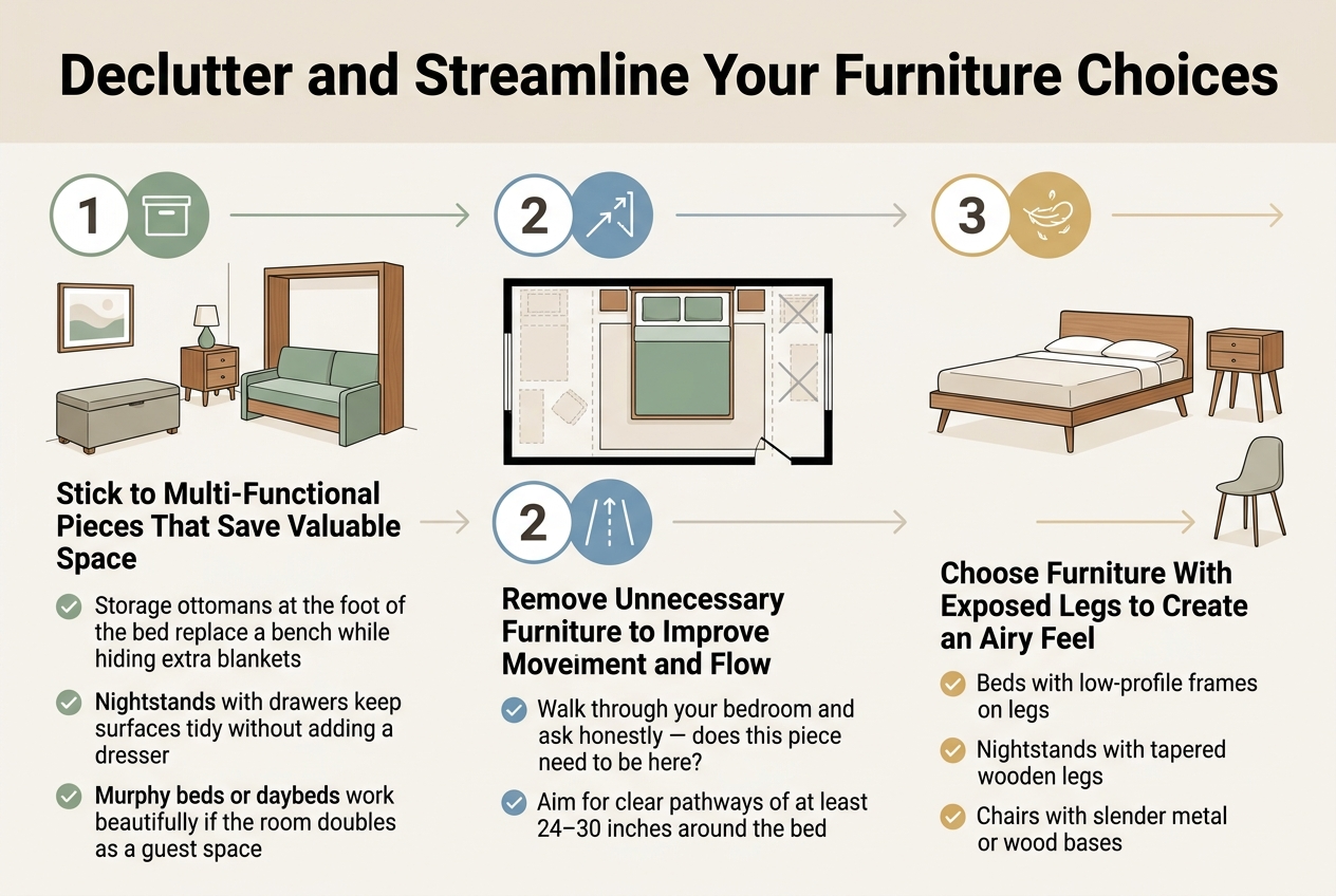 Create a clean, modern infographic illustration in a 3:2 aspect ratio with a full-bleed layout, no frame, no border, and no inset margins. Use a bright, airy interior design style with soft beige, white, muted sage green, and warm wood accents. Use bold sans-serif typography for the title and clear readable sans-serif body text. Place the main title across the top in large bold text: "Declutter and Streamline Your Furniture Choices"

Arrange the content in three wide horizontal sections across the page, using numbered blocks with icons and simple bedroom furniture illustrations.

Left section:
A large number circle "1" beside a green storage icon and a small bedroom furniture scene with a storage ottoman, a nightstand, and a murphy bed/daybed. Headline text: "Stick to Multi-Functional Pieces That Save Valuable Space"
Include three short bullet lines with check icons:
"Storage ottomans at the foot of the bed replace a bench while hiding extra blankets"
"Nightstands with drawers keep surfaces tidy without adding a dresser"
"Murphy beds or daybeds work beautifully if the room doubles as a guest space"

Center section:
A large number circle "2" beside a blue open-path icon and a top-down bedroom floor plan illustration with a bed, clear walking space, and removed furniture shown as faded or crossed-out items. Headline text: "Remove Unnecessary Furniture to Improve Movement and Flow"
Include two short bullet lines with check icons:
"Walk through your bedroom and ask honestly — does this piece need to be here?"
"Aim for clear pathways of at least 24–30 inches around the bed"

Right section:
A large number circle "3" beside a gold airy-light icon and a set of furniture pieces with exposed legs, including a low-profile bed, a nightstand with tapered wooden legs, and a slim chair. Headline text: "Choose Furniture With Exposed Legs to Create an Airy Feel"
Include three short bullet lines with check icons:
"Beds with low-profile frames on legs"
"Nightstands with tapered wooden legs"
"Chairs with slender metal or wood bases"

Use visual hierarchy with the title largest, section headings medium-bold, and bullet text smaller but legible. Add subtle arrows or spacing lines guiding the eye left to right. Keep the background light