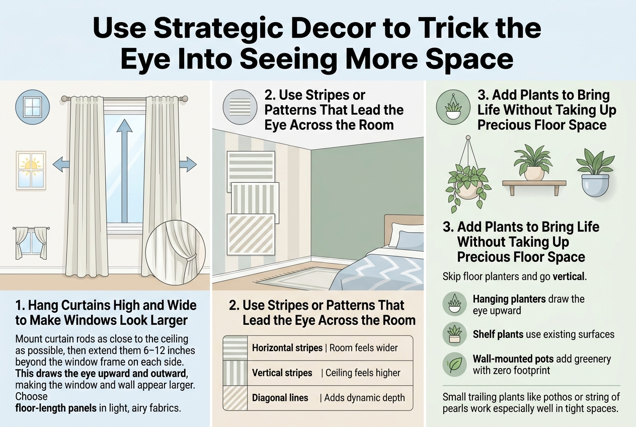 Create a clean, professional infographic in 3:2 aspect ratio with a full-bleed layout and a bright airy interior design style. Use a soft white background with pale blue, sage green, and warm beige accents. Use bold modern sans-serif typography for headings and smaller readable sans-serif text for body copy. Place a large bold title across the top: "Use Strategic Decor to Trick the Eye Into Seeing More Space"

Below the title, create three wide horizontal content sections with clear icons and visual examples:

Left section: a tall window and curtain illustration with an upward arrow and outward arrows. Add a small curtain rod near the ceiling and floor-length light curtains. Include the heading: "1. Hang Curtains High and Wide to Make Windows Look Larger" and body text: "Mount curtain rods as close to the ceiling as possible, then extend them 6–12 inches beyond the window frame on each side. This draws the eye upward and outward, making the window and wall appear larger. Choose floor-length panels in light, airy fabrics." Use a sunlit window icon and elegant curtain folds.

Center section: a room corner with three pattern samples shown as stacked swatches. Include the heading: "2. Use Stripes or Patterns That Lead the Eye Across the Room" and a compact table-style block with three rows:
"Horizontal stripes | Room feels wider"
"Vertical stripes | Ceiling feels higher"
"Diagonal lines | Adds dynamic depth"
Use visible stripe icons: horizontal lines, vertical lines, and diagonal lines in low-contrast muted tones. Add a subtle accent wall, rug, and bedding motif to suggest placement.

Right section: a vertical greenery composition with hanging planter, wall shelf plant, and wall-mounted pot. Include the heading: "3. Add Plants to Bring Life Without Taking Up Precious Floor Space" and body text: "Skip floor planters and go vertical."
Place three labeled bullet points with small plant icons:
"Hanging planters draw the eye upward"
"Shelf plants use existing surfaces"
"Wall-mounted pots add greenery with zero footprint"
At the bottom of this section, add smaller text: "Small trailing plants like pothos or string of pearls work especially well in tight spaces."

Use thin divider lines between sections, soft shadows, and simple clean icons: window, curtain, stripes, rug, hanging plant, shelf plant, wall pot, leaf
