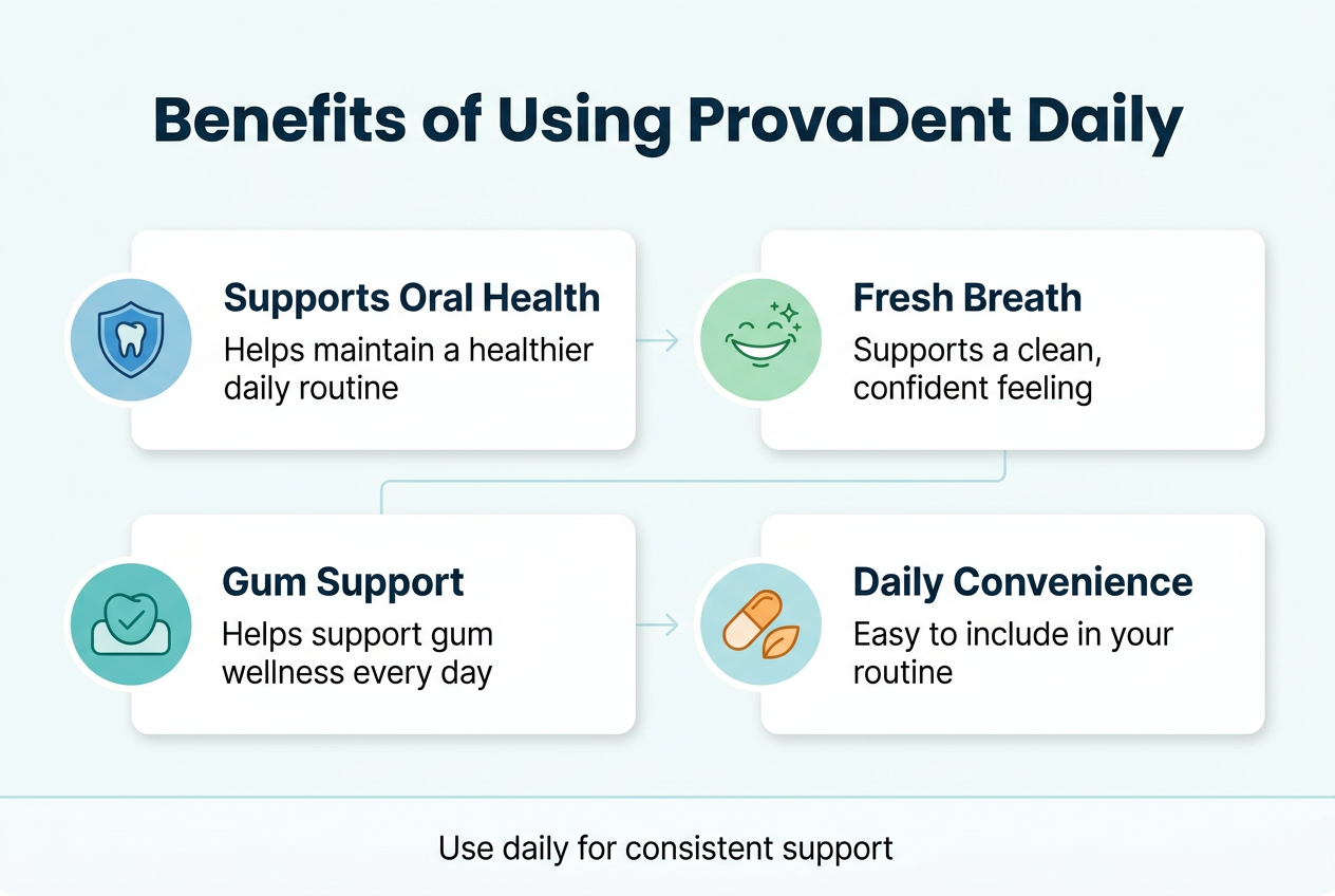 Create a full-bleed clean professional infographic in a 3:2 aspect ratio with a white background, teal and navy color palette, subtle light-blue accents, and modern sans-serif typography. Place a bold top heading centered across the upper third with the exact text: "Benefits of Using ProvaDent Daily".
Below the heading, arrange four wide horizontal benefit blocks in a 2x2 grid across the center of the design, with clear spacing and simple rounded rectangles. Use a small colored circular icon at the left of each block and a short bold label with one supporting line of text.
Block 1: a blue shield icon with a tooth inside, label text "Supports Oral Health" and smaller text "Helps maintain a healthier daily routine".
Block 2: a green smile icon with sparkles, label text "Fresh Breath" and smaller text "Supports a clean, confident feeling".
Block 3: a teal gum-line icon with a checkmark, label text "Gum Support" and smaller text "Helps support gum wellness every day".
Block 4: an orange capsule and leaf icon, label text "Daily Convenience" and smaller text "Easy to include in your routine".
Add thin connecting lines or subtle arrows between the blocks for a cohesive flow. Use white card panels with navy headings, dark gray body text, and teal icon accents. Include a small bottom callout bar spanning the width near the lower edge with the exact text: "Use daily for consistent support". Keep the composition balanced, modern, and minimal with no extra text.
