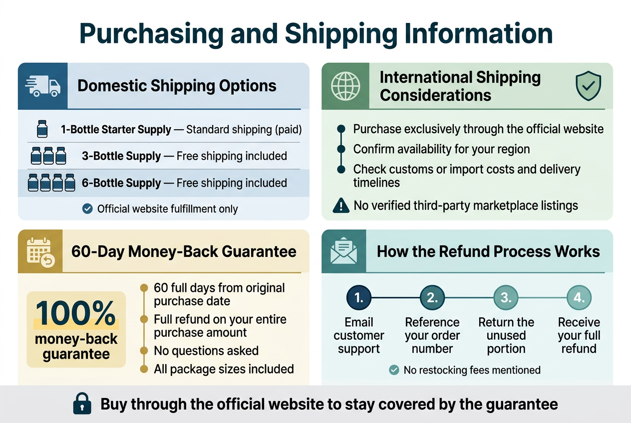 Create a clean, professional full-bleed infographic in a 3:2 landscape aspect ratio with a modern health-brand style. Use a white background with deep teal, navy, and soft green accents, thin divider lines, and bold sans-serif typography. Place a large bold heading at the top center: "Purchasing and Shipping Information".
Below the heading, organize the infographic into four wide horizontal sections across the page, using icon blocks and short bullet points, not a vertical poster layout.
SECTION 1: Domestic Shipping Options
Place on the upper left in a blue-tinted panel with a small delivery truck icon.
Title text: "Domestic Shipping Options"
Include a simple 3-row package chart with small bottle icons:
"1-Bottle Starter Supply — Standard shipping (paid)"
"3-Bottle Supply — Free shipping included"
"6-Bottle Supply — Free shipping included"
Add a small checkmark note beneath:
"Official website fulfillment only"
SECTION 2: International Shipping Considerations
Place on the upper right in a green-tinted panel with a globe icon and a shield icon.
Title text: "International Shipping Considerations"
Show 3 short bullet points with clear markers:
"Purchase exclusively through the official website"
"Confirm availability for your region"
"Check customs or import costs and delivery timelines"
Add a warning triangle icon next to:
"No verified third-party marketplace listings"
SECTION 3: 60-Day Money-Back Guarantee
Place across the lower left center in a gold-accented panel with a calendar icon and refund arrow icon.
Title text: "60-Day Money-Back Guarantee"
Show a large highlighted badge:
"100% money-back guarantee"
Include 4 short bullets:
"60 full days from original purchase date"
"Full refund on your entire purchase amount"
"No questions asked"
"All package sizes included"
SECTION 4: Simple Refund Process
Place across the lower right center in a light teal panel with an email envelope icon and a return box icon.
Title text: "How the Refund Process Works"
Show a numbered 4-step horizontal sequence with connected circles:
"1. Email customer support"
"2. Reference your order number"
"3. Return the unused portion"
"4. Receive your full refund"
Add a small note beneath:
"No restocking fees mentioned"
Include a slim bottom summary bar spanning the full width with a lock icon and bold text:
"Buy through the official website to stay covered by the guarantee"
Use crisp icons, strong hierarchy, ample spacing, subtle shadows, and clean alignment. Make the infographic easy to scan, with all text clearly legible and exactly as written.