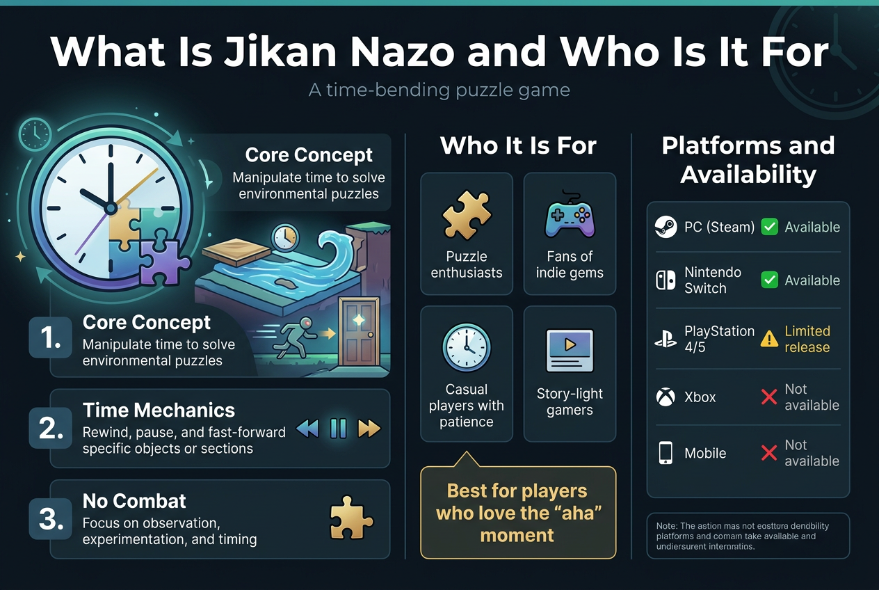Jikan Nazo Review 2026: Is This Innovative Time-Bending Puzzle Game Worth It? 2 Create a clean, professional full-bleed infographic illustration in a 3:2 aspect ratio, using a modern dark background with teal, blue, purple, and gold accents, crisp white text, and a bold sans-serif font for headings with a readable sans-serif body font. Use a wide horizontal layout with three main sections across the page, strong visual hierarchy, subtle glowing time-themed graphics, clock motifs, arrows, and puzzle icons.Top header spanning the full width:
Large bold title text: "What Is Jikan Nazo and Who Is It For"
Add a small subtitle beneath in lighter text: "A time-bending puzzle game"Left wide section with a large circular clock-and-puzzle illustration and 3 numbered feature blocks:
1. Heading text: "Core Concept"
Body text: "Manipulate time to solve environmental puzzles"
2. Heading text: "Time Mechanics"
Body text: "Rewind, pause, and fast-forward specific objects or sections"
3. Heading text: "No Combat"
Body text: "Focus on observation, experimentation, and timing"
Include small visual icons beside each block: a rewind arrow, pause symbol, fast-forward arrow, and a puzzle piece. Show layered objects in the environment: a platform, water current, moving enemy, and door with separate time effects.Center section titled:
"Who It Is For"
Use four icon cards in a 2x2 grid with small illustrated icons:
- Puzzle piece icon with text: "Puzzle enthusiasts"
- Indie game icon with text: "Fans of indie gems"
- Calm clock icon with text: "Casual players with patience"
- Minimal story icon with text: "Story-light gamers"
Add a highlighted callout box below with bold text: "Best for players who love the 'aha' moment"Right section titled:
"Platforms and Availability"
Create a clean table-style block with platform names and status symbols:
"PC (Steam) ✅ Available"
"Nintendo Switch ✅ Available"
"PlayStation 4/5 ⚠️ Limited release"
"Xbox ❌ Not available"
"Mobile ❌ Not available"
Add small platform icons next to each line. Include a small note box at the bottom of this section