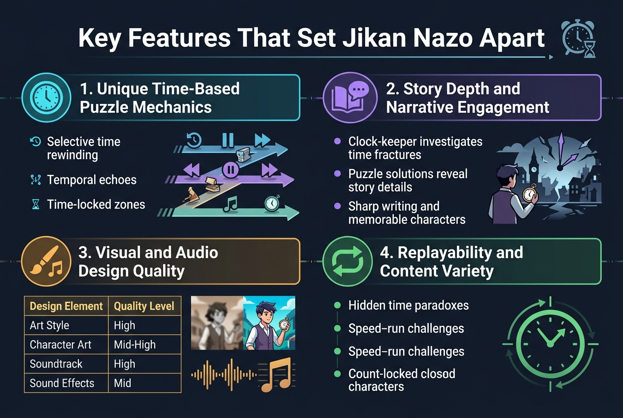Jikan Nazo Review 2026: Is This Innovative Time-Bending Puzzle Game Worth It? 5 Create a full-bleed professional infographic illustration in 3:2 aspect ratio with a clean modern gaming editorial style. Use a dark navy background with teal, cyan, violet, and amber accents, subtle glowing lines, and crisp sans-serif typography. Place a bold title across the top center in large white text: "Key Features That Set Jikan Nazo Apart". Add a small clock-and-glyph graphic beside the title.Organize the infographic into four wide horizontal content blocks across the page in a 2x2 grid, with clear section headers, icons, and short bullet points. Use strong visual hierarchy, white section titles, light gray body text, and bright accent colors for icons and labels. Include thin dividers and subtle timeline motifs.Top left block: a cyan circular clock icon and header "1. Unique Time-Based Puzzle Mechanics". Under it, three bullet points with small symbols:
- "Selective time rewinding"
- "Temporal echoes"
- "Time-locked zones"
Show a layered puzzle diagram with multiple small objects on staggered timeline arrows, including rewind arrows, pause symbols, and fast-forward symbols.Top right block: a violet book and speech-bubble icon and header "2. Story Depth and Narrative Engagement". Under it, three bullet points:
- "Clock-keeper investigates time fractures"
- "Puzzle solutions reveal story details"
- "Sharp writing and memorable characters"
Show a small scene of a character with a pocket watch facing a fractured town skyline and broken clock hands.Bottom left block: a warm amber paintbrush and music note icon and header "3. Visual and Audio Design Quality". Include a compact 4-row design table with two columns labeled "Design Element" and "Quality Level", using the exact rows:
"Art Style" — "High"
"Character Art" — "Mid-High"
"Soundtrack" — "High"
"Sound Effects" — "Mid"
Beside the table, add a small split-color artwork showing past moments as desaturated blurred tones and present moments as vivid sharp tones, plus an audio waveform with layered music notes.Bottom right block: a green replay loop icon and header "4. Replayability and Content Variety". Under it, four bullet points:
- "Hidden time paradoxes"
- "Speed-run challenges"
-