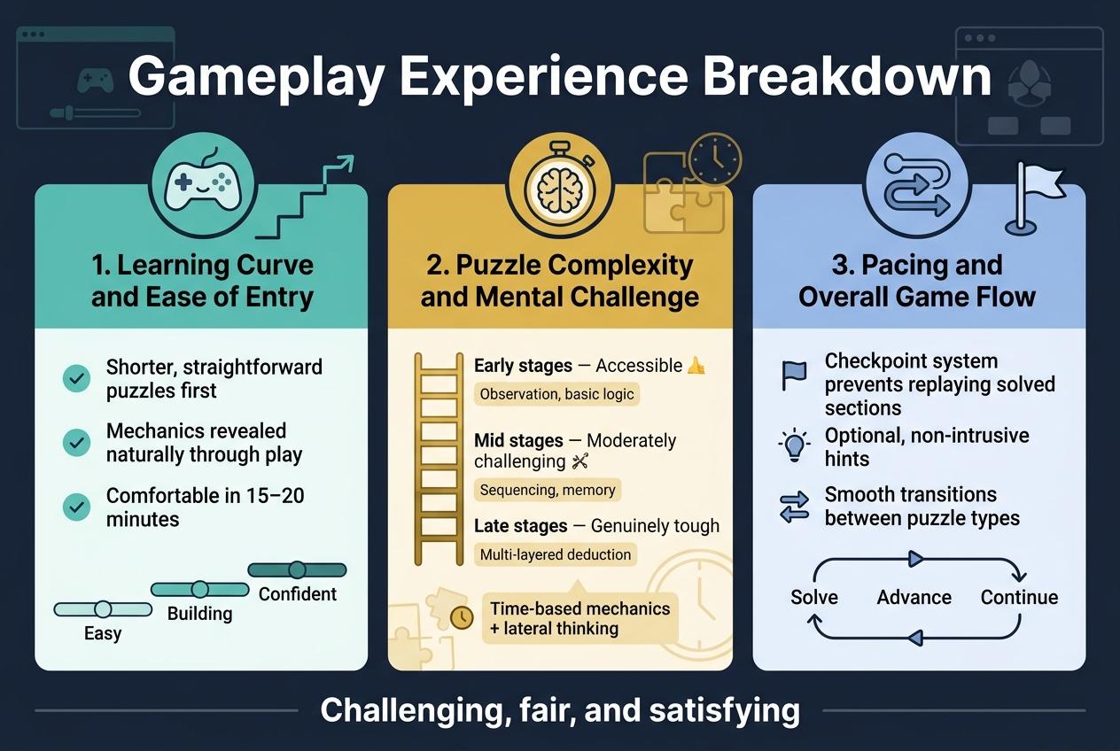 Jikan Nazo Review 2026: Is This Innovative Time-Bending Puzzle Game Worth It? 6 Create a full-bleed infographic illustration in a 3:2 landscape aspect ratio with a clean modern editorial style, dark navy background with teal, gold, and soft white accents, crisp sans-serif fonts, strong visual hierarchy, and subtle game-themed UI graphics.Top center, large bold heading text: "Gameplay Experience Breakdown"Below the title, divide the infographic into three wide horizontal sections with clear color-coded blocks and icons, arranged left-to-right or in a 2-row grid for a spacious landscape layout.SECTION 1 on the left: a teal panel titled "1. Learning Curve and Ease of Entry" with a circular icon of a smiling game controller and an upward stepping path. Include three short bullet callouts with small check icons:
- "Shorter, straightforward puzzles first"
- "Mechanics revealed naturally through play"
- "Comfortable in 15–20 minutes"Add a small horizontal progression graphic beneath with three steps labeled "Easy", "Building", "Confident".SECTION 2 in the center: a gold panel titled "2. Puzzle Complexity and Mental Challenge" with an icon of a brain inside a stopwatch. Include a three-level difficulty ladder graphic with labels and small symbols:
- "Early stages — Accessible"
- "Mid stages — Moderately challenging"
- "Late stages — Genuinely tough"Under each level, add tiny skill tags:
- "Observation, basic logic"
- "Sequencing, memory"
- "Multi-layered deduction"Include a subtle puzzle-piece and clock motif around this section, with a note in a highlighted box:
"Time-based mechanics + lateral thinking"SECTION 3 on the right: a soft blue panel titled "3. Pacing and Overall Game Flow" with an icon of a flowing arrow path and a checkpoint flag. Include three bullet callouts with small icons:
- "Checkpoint system prevents replaying solved sections"
- "Optional, non-intrusive hints"
- "Smooth transitions between puzzle types"At the bottom of the right section, show a simple loop diagram with three nodes labeled "Solve", "Advance", "Continue".Add a thin footer bar across the bottom with a concise summary statement in bold white text:
"Challenging, fair, and satisfying