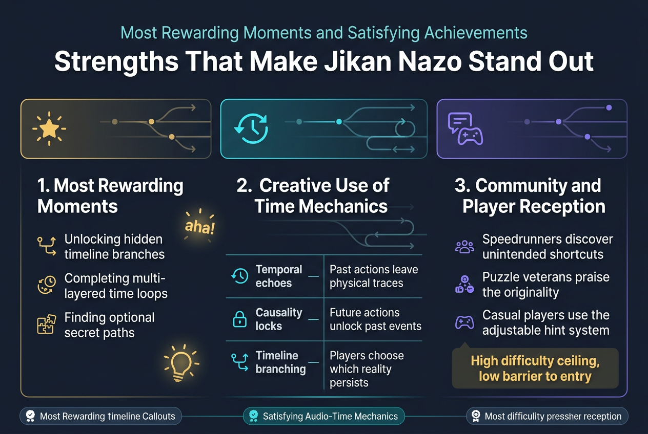 Jikan Nazo Review 2026: Is This Innovative Time-Bending Puzzle Game Worth It? 9 Create a clean, professional full-bleed infographic illustration in a 3:2 aspect ratio with a wide horizontal layout, dark navy background with teal, cyan, violet, and gold accents, modern sans-serif typography, high contrast, and crisp vector-style icons.At the top center, place a bold large heading in white: "Strengths That Make Jikan Nazo Stand Out"
Directly beneath it, place a smaller subtitle in light teal: "Most Rewarding Moments and Satisfying Achievements"Use three wide horizontal sections across the page, each in a distinct panel with subtle glowing borders and clear icon markers.LEFT SECTION:
Place a gold starburst icon and the section title in bold white: "1. Most Rewarding Moments"
Under it, include three short bullet points with small timeline and puzzle icons:
- "Unlocking hidden timeline branches"
- "Completing multi-layered time loops"
- "Finding optional secret paths"
Add a small glowing “aha!” spark icon near the section.CENTER SECTION:
Place a cyan clock-and-arrow icon and the section title in bold white: "2. Creative Use of Time Mechanics"
Show a simple three-row mini table with clean lines and small icons beside each row:
"Temporal echoes" — "Past actions leave physical traces"
"Causality locks" — "Future actions unlock past events"
"Timeline branching" — "Players choose which reality persists"
Add a subtle layered timeline diagram running behind the text, with branching paths and loop arrows.RIGHT SECTION:
Place a violet speech-bubble and controller icon and the section title in bold white: "3. Community and Player Reception"
Include three bullet points with small community and speed icons:
- "Speedrunners discover unintended shortcuts"
- "Puzzle veterans praise the originality"
- "Casual players use the adjustable hint system"
At the bottom of this section, include a highlighted callout box in gold text on dark navy: "High difficulty ceiling, low barrier to entry"Along the bottom edge, add a thin horizontal strip with three small badge-style callouts in white and teal: