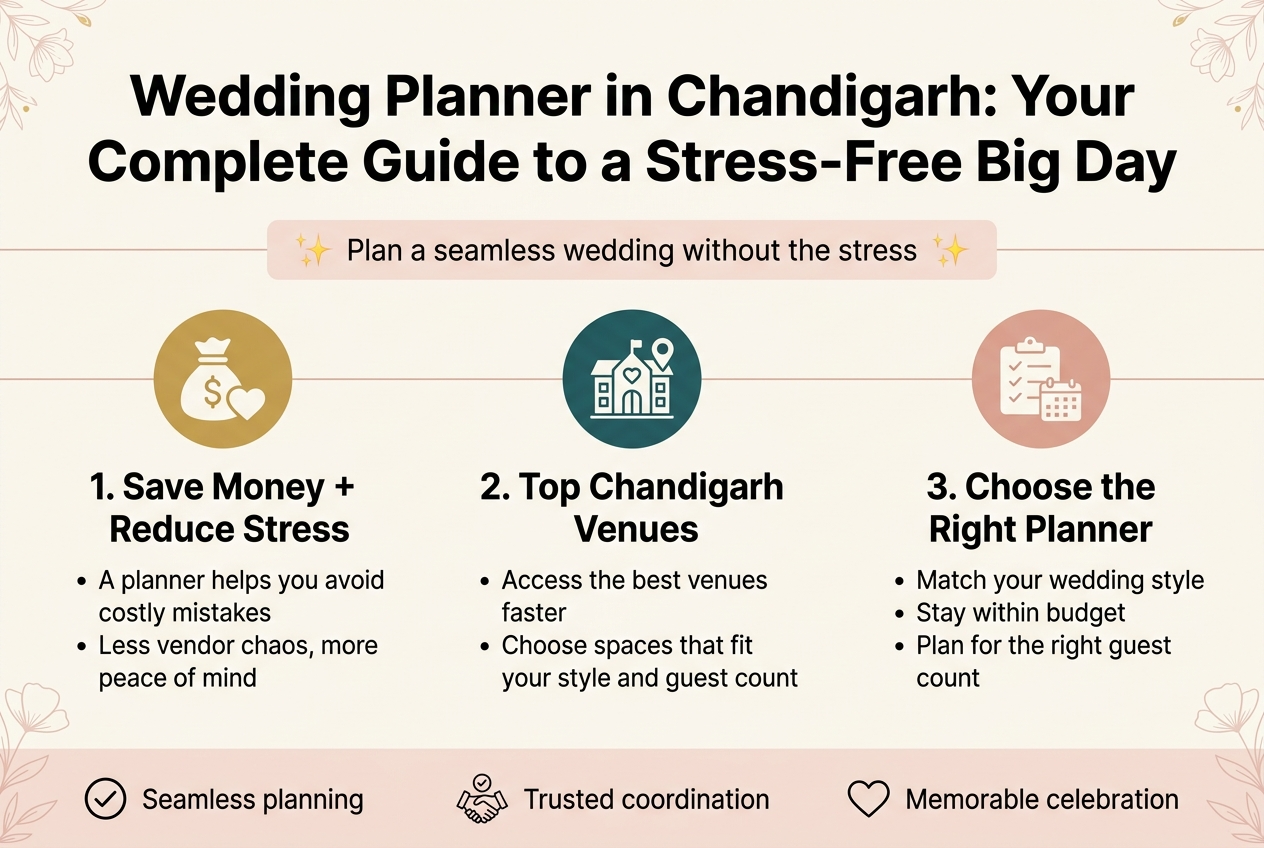 Create a clean, professional infographic illustration in a 3:2 aspect ratio with a full-bleed wide layout, modern flat design, and no inset margins. Use a luxury wedding color palette of ivory, blush pink, gold, and deep teal, with elegant sans-serif fonts and bold headings. Top center: large bold title text: "Wedding Planner in Chandigarh: Your Complete Guide to a Stress-Free Big Day" Directly below the title, add a short intro banner with a soft blush background and small gold sparkle icons, containing the text: "Plan a seamless wedding without the stress" Main body: use a 3-column horizontal section layout across the width of the infographic, with numbered blocks and clear icons. Left block: - Gold circular icon with a money bag and heart symbol - Heading text: "1. Save Money + Reduce Stress" - Short bullet text: "A planner helps you avoid costly mistakes" "Less vendor chaos, more peace of mind" Center block: - Teal circular icon with a wedding venue building and map pin - Heading text: "2. Top Chandigarh Venues" - Short bullet text: "Access the best venues faster" "Choose spaces that fit your style and guest count" Right block: - Blush circular icon with a checklist and calendar - Heading text: "3. Choose the Right Planner" - Short bullet text: "Match your wedding style" "Stay within budget" "Plan for the right guest count" Along the bottom, add a wide footer strip with three small icon callouts spaced evenly: - checkmark icon with text: "Seamless planning" - vendor handshake icon with text: "Trusted coordination" - heart icon with text: "Memorable celebration" Use clean spacing, strong visual hierarchy, subtle floral accents in the corners, thin divider lines between sections, and a polished editorial infographic style.