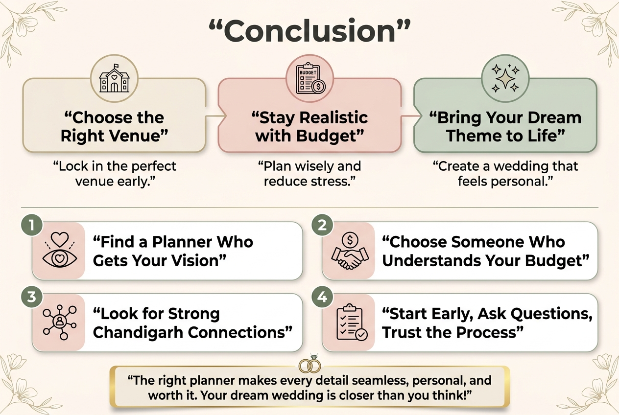 Full-bleed professional infographic illustration in a 3:2 landscape aspect ratio, clean modern wedding-planning style, elegant pastel palette of ivory, blush pink, sage green, and soft gold, with dark charcoal text, crisp sans-serif font, balanced wide horizontal layout, no vertical poster frame. Top center: large bold title text in quotes, "Conclusion". Below the title, a wide horizontal three-part layout with connected sections and icons: Left section: a wedding venue icon and the heading text in quotes, "Choose the Right Venue", with smaller supporting text in quotes, "Lock in the perfect venue early." Center section: a budget planner icon and the heading text in quotes, "Stay Realistic with Budget", with smaller supporting text in quotes, "Plan wisely and reduce stress." Right section: a sparkly theme/decor icon and the heading text in quotes, "Bring Your Dream Theme to Life", with smaller supporting text in quotes, "Create a wedding that feels personal." Across the lower half, a wide two-column section with four numbered blocks, each with a clear icon: 1. Left block with a heart-and-vision icon and bold text in quotes, "Find a Planner Who Gets Your Vision" 2. Right block with a budget and handshake icon and bold text in quotes, "Choose Someone Who Understands Your Budget" 3. Left block with a network/connection icon and bold text in quotes, "Look for Strong Chandigarh Connections" 4. Right block with a checklist icon and bold text in quotes, "Start Early, Ask Questions, Trust the Process" Bottom center, a highlighted concluding banner with a subtle gold accent and a small wedding ring icon, containing the text in quotes, "The right planner makes every detail seamless, personal, and worth it. Your dream wedding is closer than you think!" Use clean section dividers, soft rounded boxes, subtle shadows, elegant floral line accents in corners, spacious composition, strong visual hierarchy, and polished infographic styling.