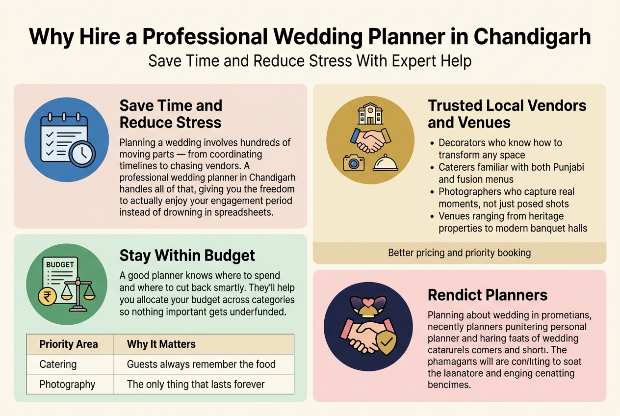 Create a clean, modern infographic illustration in a 3:2 landscape aspect ratio, full-bleed layout, no frame, no inset margins, using a professional wedding theme with soft ivory, blush pink, gold, and deep navy accents. Use elegant sans-serif fonts with bold hierarchy and clear section dividers. Top header across the full width: Large bold title text: "Why Hire a Professional Wedding Planner in Chandigarh" Smaller subtitle beneath: "Save Time and Reduce Stress With Expert Help" Main layout: four wide horizontal content blocks arranged in a 2x2 grid across the canvas, each with a distinct colored panel, simple flat icons, and short text. Top left block: Blue circular icon with a calendar, checklist, and clock. Heading text: "Save Time and Reduce Stress" Body text: "Planning a wedding involves hundreds of moving parts — from coordinating timelines to chasing vendors. A professional wedding planner in Chandigarh handles all of that, giving you the freedom to actually enjoy your engagement period instead of drowning in spreadsheets." Top right block: Gold circular icon with a handshake, venue building, camera, and catering cloche. Heading text: "Trusted Local Vendors and Venues" Body text in short bullet list: "• Decorators who know how to transform any space" "• Caterers familiar with both Punjabi and fusion menus" "• Photographers who capture real moments, not just posed shots" "• Venues ranging from heritage properties to modern banquet halls" Small note strip at bottom of this block: "Better pricing and priority booking" Bottom left block: Green circular icon with budget sheet, rupee symbol, and balance scale. Heading text: "Stay Within Budget" Body text: "A good planner knows where to spend and where to cut back smartly. They'll help you allocate your budget across categories so nothing important gets underfunded." Include a small table below with two columns and three rows, styled cleanly: Header row: "Priority Area" | "Why It Matters" Row 1: "Catering" | "Guests always remember the food" Row 2: "Photography" | "The only thing that lasts forever" Row 3
