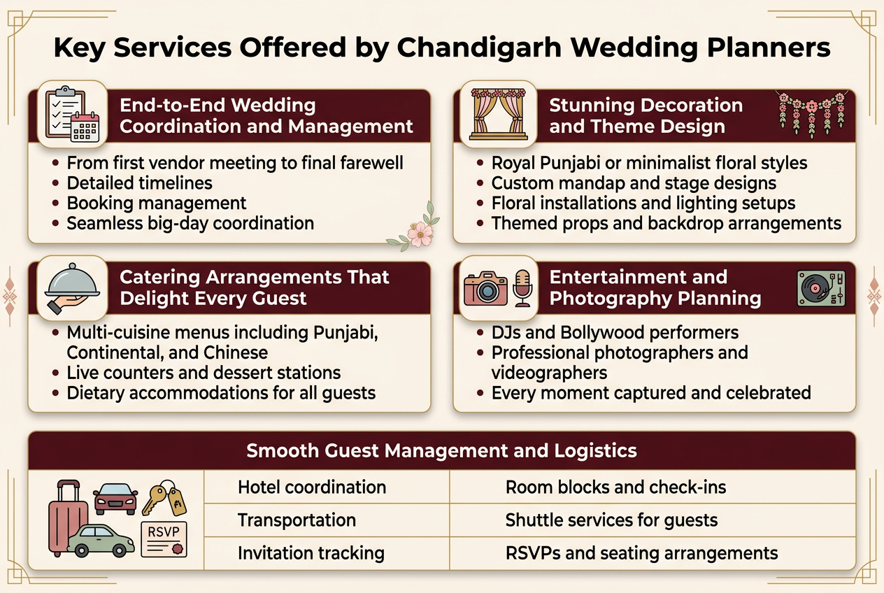 Create a full-bleed professional infographic illustration in a 3:2 aspect ratio with a clean modern wedding-themed palette of ivory, gold, blush pink, deep maroon, and soft sage, using elegant sans-serif fonts with bold headings and clear visual hierarchy. Place a large bold title across the top center: "Key Services Offered by Chandigarh Wedding Planners". Below the title, arrange five wide horizontal content blocks in a balanced multi-column layout, not a vertical poster stack. Use subtle dividers, soft shadows, and wedding-inspired icons for each section. 1) Left upper block with a clipboard and calendar icon: Heading: "End-to-End Wedding Coordination and Management" Body text: "From first vendor meeting to final farewell" "Detailed timelines" "Booking management" "Seamless big-day coordination" 2) Right upper block with a mandap and floral garland icon: Heading: "Stunning Decoration and Theme Design" Body text: "Royal Punjabi or minimalist floral styles" "Custom mandap and stage designs" "Floral installations and lighting setups" "Themed props and backdrop arrangements" 3) Left middle block with a serving tray and covered dish icon: Heading: "Catering Arrangements That Delight Every Guest" Body text: "Multi-cuisine menus including Punjabi, Continental, and Chinese" "Live counters and dessert stations" "Dietary accommodations for all guests" 4) Right middle block with a camera, microphone, and DJ turntable icon: Heading: "Entertainment and Photography Planning" Body text: "DJs and Bollywood performers" "Professional photographers and videographers" "Every moment captured and celebrated" 5) Full-width bottom block with a suitcase, car, hotel key, and RSVP card icon, designed like a clean 3-row mini table: Heading: "Smooth Guest Management and Logistics" Table text: "Hotel coordination" | "Room blocks and check-ins" "Transportation" | "Shuttle services for guests" "Invitation tracking" | "RSVPs and seating arrangements" Use crisp white text on deep maroon section headers, with lighter ivory backgrounds for body areas, gold accent lines, and decorative wedding motifs such as small florals and geometric borders. Keep spacing