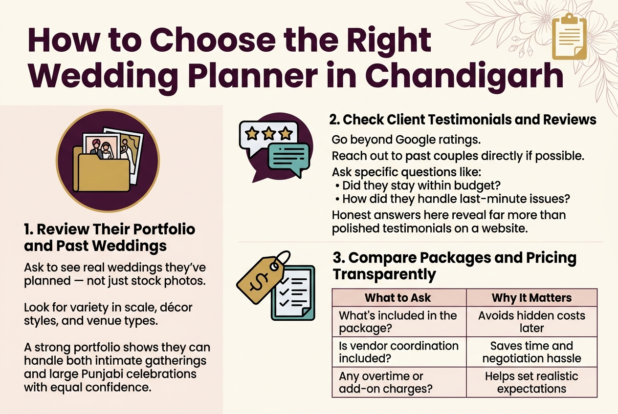 Create a clean, professional full-bleed infographic illustration in a 3:2 aspect ratio, using a wide horizontal layout with four balanced sections across the canvas, no vertical poster frame, no inset margins, and no narrow centered stack. Use a modern sans-serif font, strong visual hierarchy, and a polished wedding-themed color palette of deep plum, gold, ivory, soft blush, and teal accents. Top header across the full width: Large bold title text: "How to Choose the Right Wedding Planner in Chandigarh" Add a subtle decorative wedding motif with elegant floral line art and a small gold calendar or clipboard icon near the title. Below the title, organize the content into 4 clear numbered blocks with icons: 1) Left section: A circular icon of a portfolio folder with wedding photos. Heading text: "1. Review Their Portfolio and Past Weddings" Body text in short lines: "Ask to see real weddings they've planned — not just stock photos." "Look for variety in scale, décor styles, and venue types." "A strong portfolio shows they can handle both intimate gatherings and large Punjabi celebrations with equal confidence." 2) Upper middle section: A speech bubble icon with star and review symbols. Heading text: "2. Check Client Testimonials and Reviews" Body text: "Go beyond Google ratings." "Reach out to past couples directly if possible." "Ask specific questions like:" "Did they stay within budget?" "How did they handle last-minute issues?" "Honest answers here reveal far more than polished testimonials on a website." 3) Lower middle-right section: A price tag and checklist icon, with a small clean table-style block. Heading text: "3. Compare Packages and Pricing Transparently" Include a small two-column table with visible borders and alternating light rows: Left column header: "What to Ask" Right column header: "Why It Matters" Row 1: "What's included in the package?" | "Avoids hidden costs later" Row 2: "Is vendor coordination included?" | "Saves time and negotiation hassle" Row 3: "Any overtime or add-on charges?" | "Helps set realistic expectations
