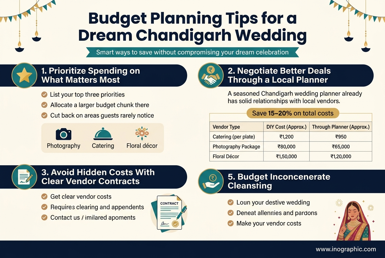 Create a clean, professional full-bleed infographic illustration in a 3:2 aspect ratio, with a wide horizontal layout, no poster frame, no inset margins, and no narrow centered stack. Use a modern palette of deep navy, teal, gold, and warm white, with subtle festive Chandigarh wedding accents. Use bold sans-serif typography for the title and clear readable sans-serif body text. TOP AREA: Large bold heading across the top center: "Budget Planning Tips for a Dream Chandigarh Wedding" Below the title, place a short subtitle bar or ribbon in teal: "Smart ways to save without compromising your dream celebration" MAIN BODY: organize into 4 wide horizontal sections or 2x2 blocks with icons and clear spacing. SECTION 1 on upper left: Add a gold star icon and the heading: "1. Prioritize Spending on What Matters Most" Under it, include three bullet lines with small check icons: "List your top three priorities" "Allocate a larger budget chunk there" "Cut back on areas guests rarely notice" Add a small visual strip with mini icons for photography camera, catering cloche, and floral décor. SECTION 2 on upper right: Add a handshake and rupee icon with the heading: "2. Negotiate Better Deals Through a Local Planner" Include a short supporting line: "A seasoned Chandigarh wedding planner already has solid relationships with local vendors." Add a highlighted savings callout badge: "Save 15–20% on total costs" Place a simple comparison table beneath with clean grid lines and three rows. Exact text: "Vendor Type | DIY Cost (Approx.) | Through Planner (Approx.)" "Catering (per plate) | ₹1,200 | ₹950" "Photography Package | ₹80,000 | ₹65,000" "Floral Décor | ₹1,50,000 | ₹1,20,000" SECTION 3 on lower left: Add a contract/document icon and heading: "3. Avoid Hidden Costs With Clear Vendor Contracts" Include three bullet lines with check icons: "Get